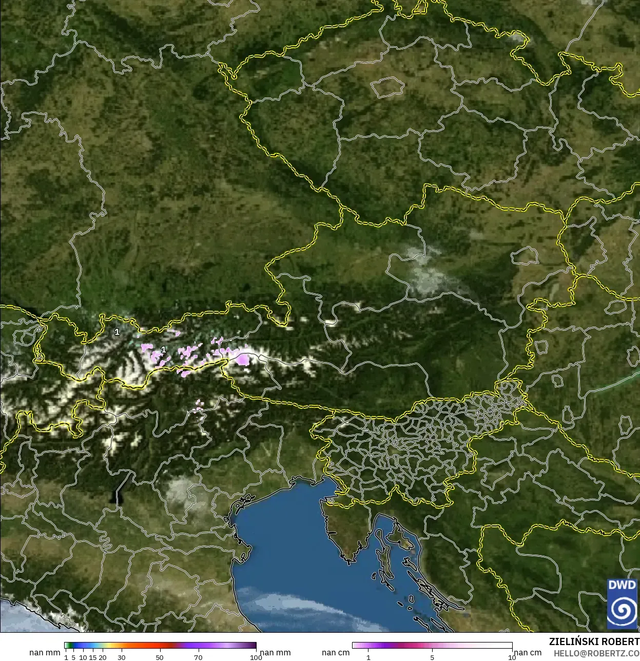 ICON Germany 2 km modelo - Austria, Precipitation, Clouds, and Pressure