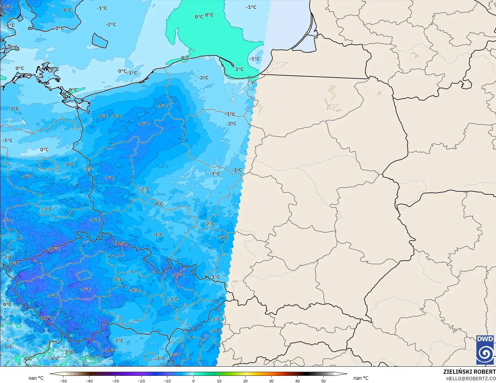 ICON Germany 2 km modelo - Poland, Dewpoint at 2m
