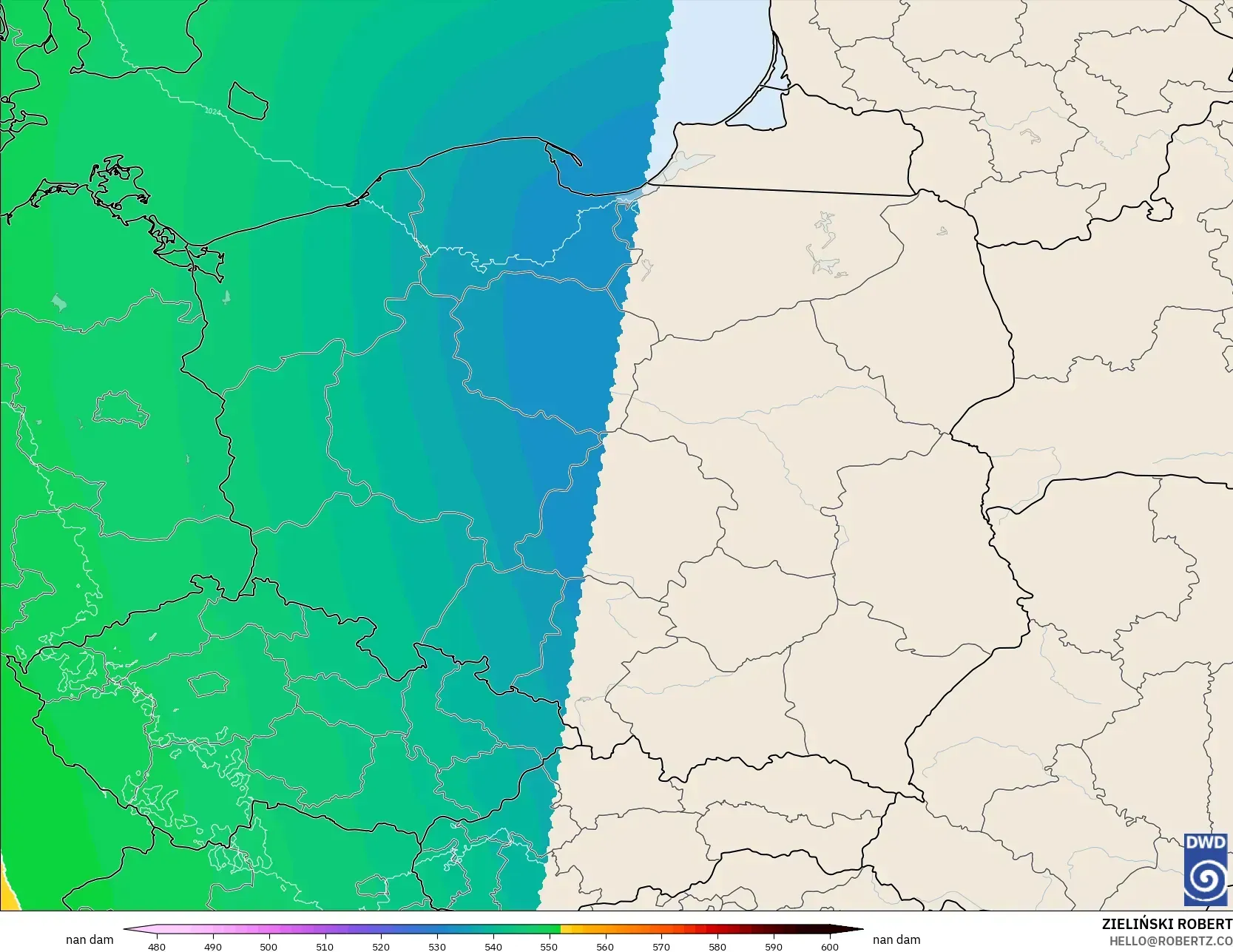 ICON Jerman 2 km model - Poland, Ketinggian geopotensial pada 500 hPa