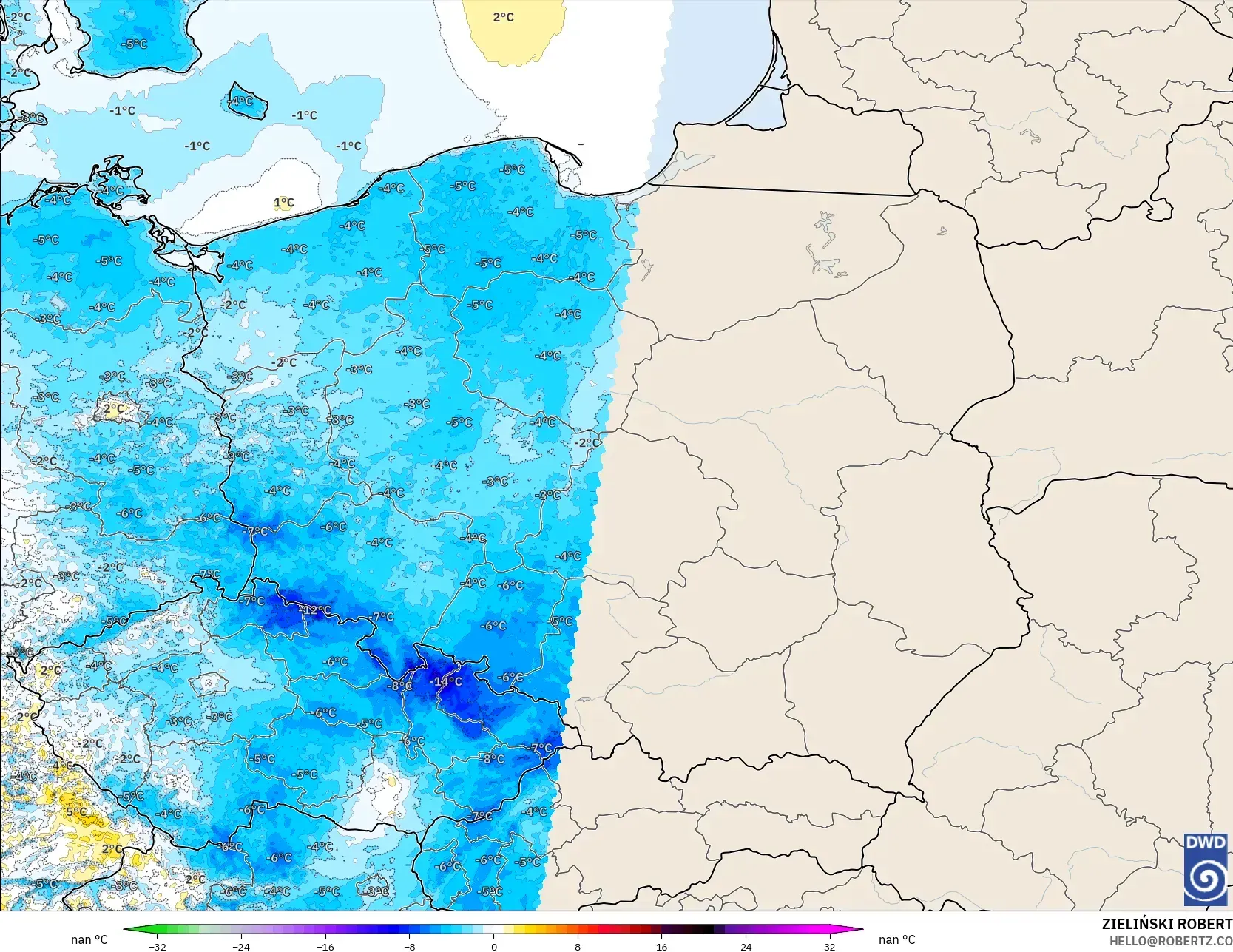 ICON Germany 2 km modelo - Poland, Temperature at 2m Anomaly