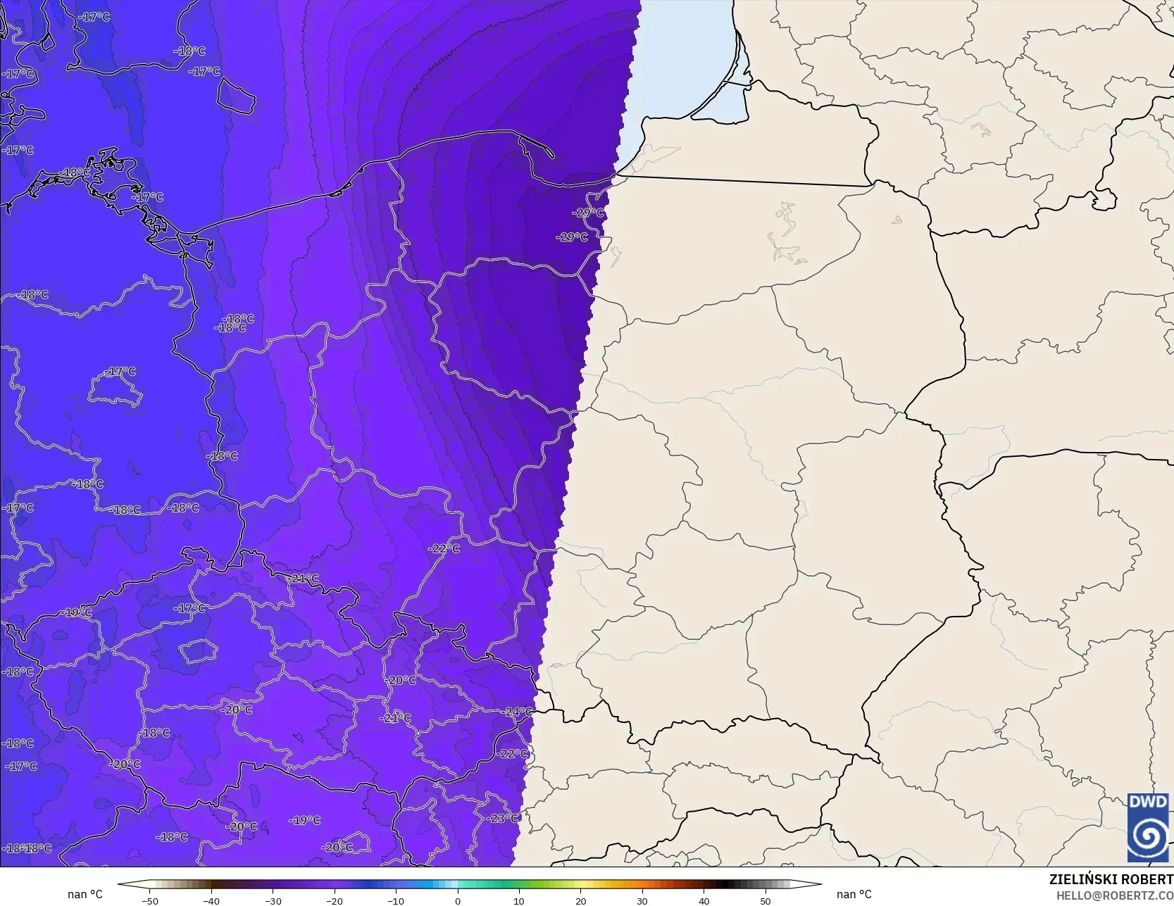 ICON Germany 2 km modelo - Poland, Temperature at 500hPa