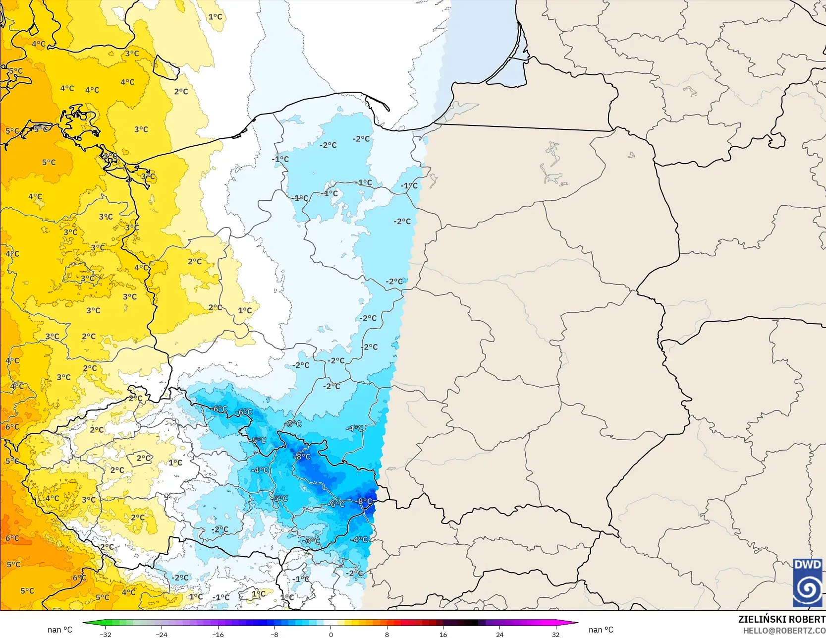 ICON Jerman 2 km model - Poland, Anomali Suhu 850 hPa