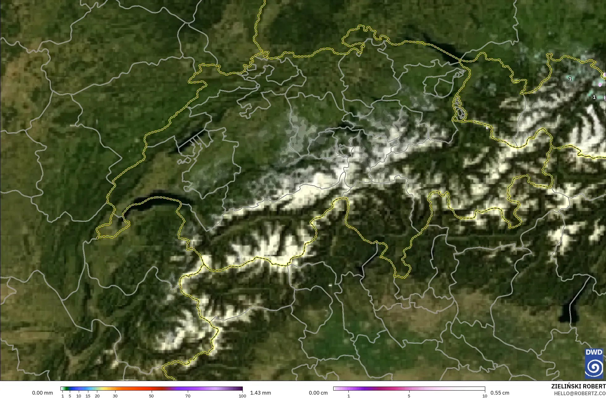 ICON Jerman 2 km model - Switzerland, Hujan, Awan dan Tekanan