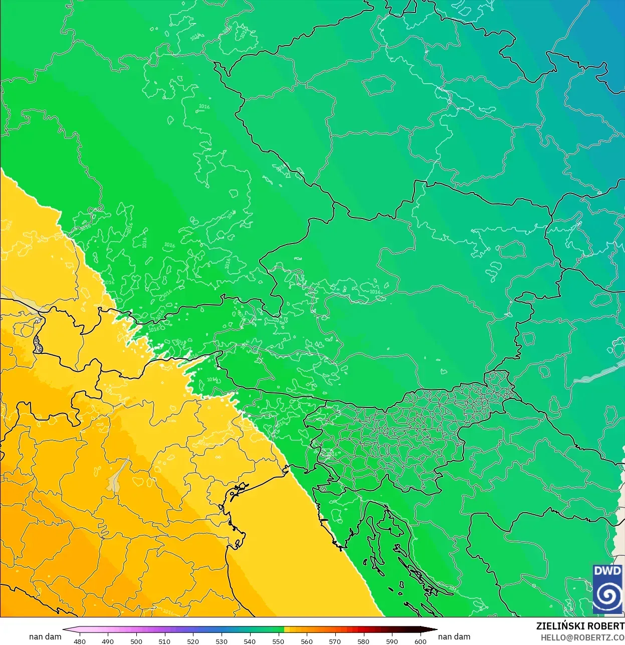 ICON Germany 2 km modelo - Austria, Geopotential height at 500hPa