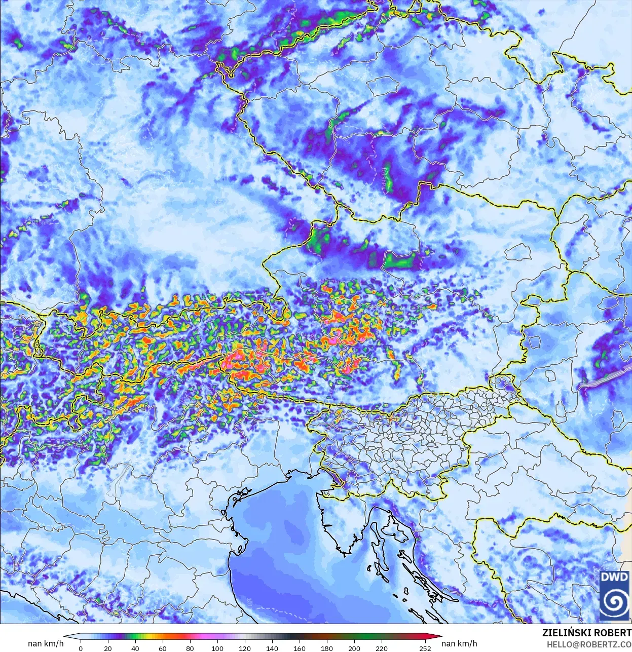 ICON Germany 2 km modelo - Austria, Wind Gusts Peak