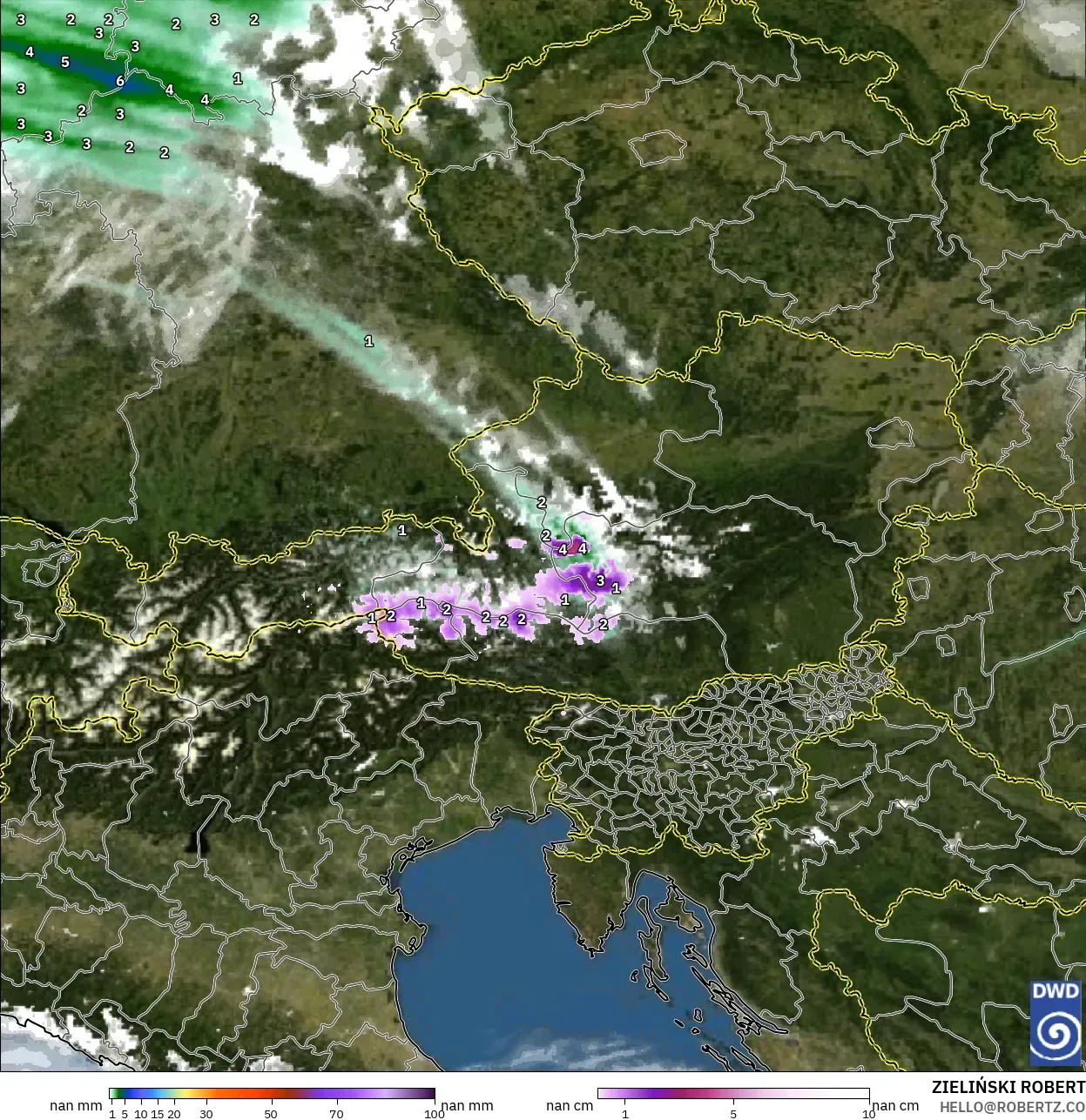 ICON Germany 2 km modelo - Austria, Precipitation, Clouds, and Pressure
