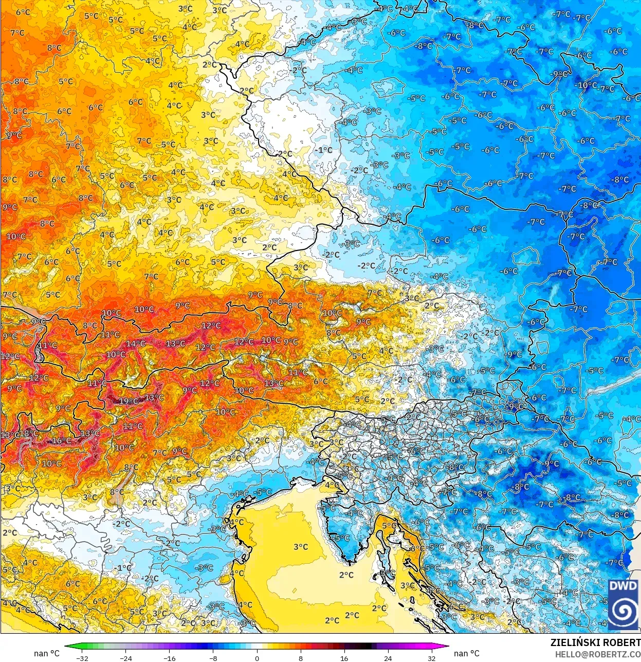 ICON Jerman 2 km model - Austria, Anomali Suhu 2 m
