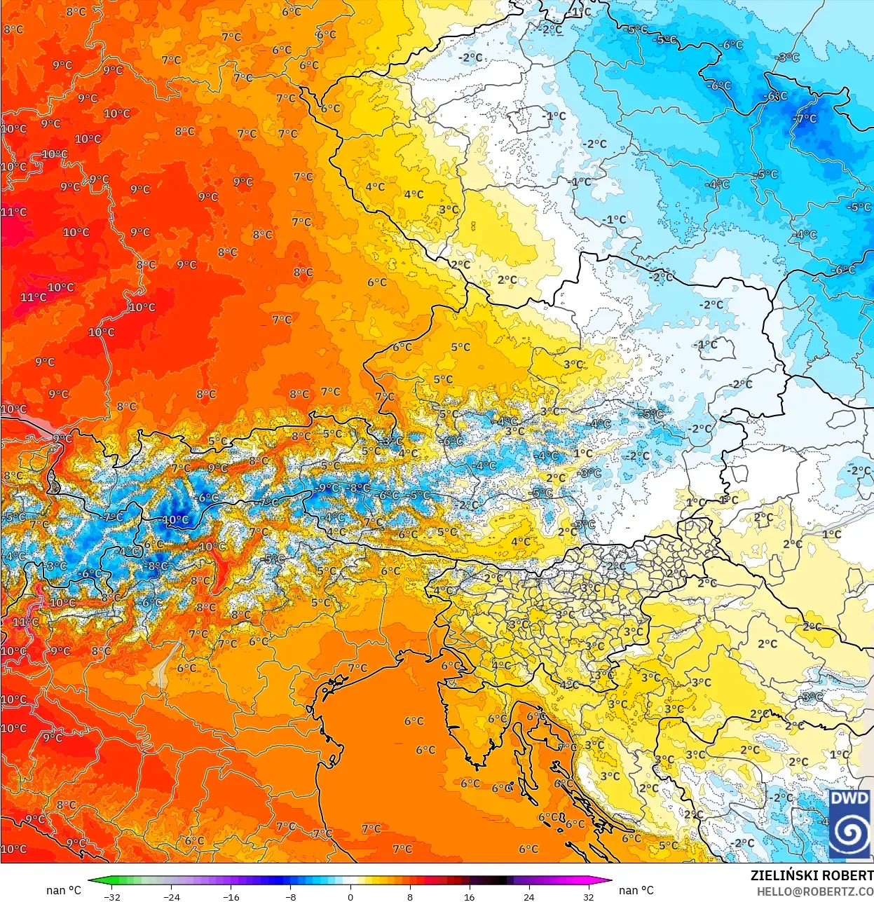 ICON Germany 2 km modelo - Austria, Temperature at 850hPa Anomaly