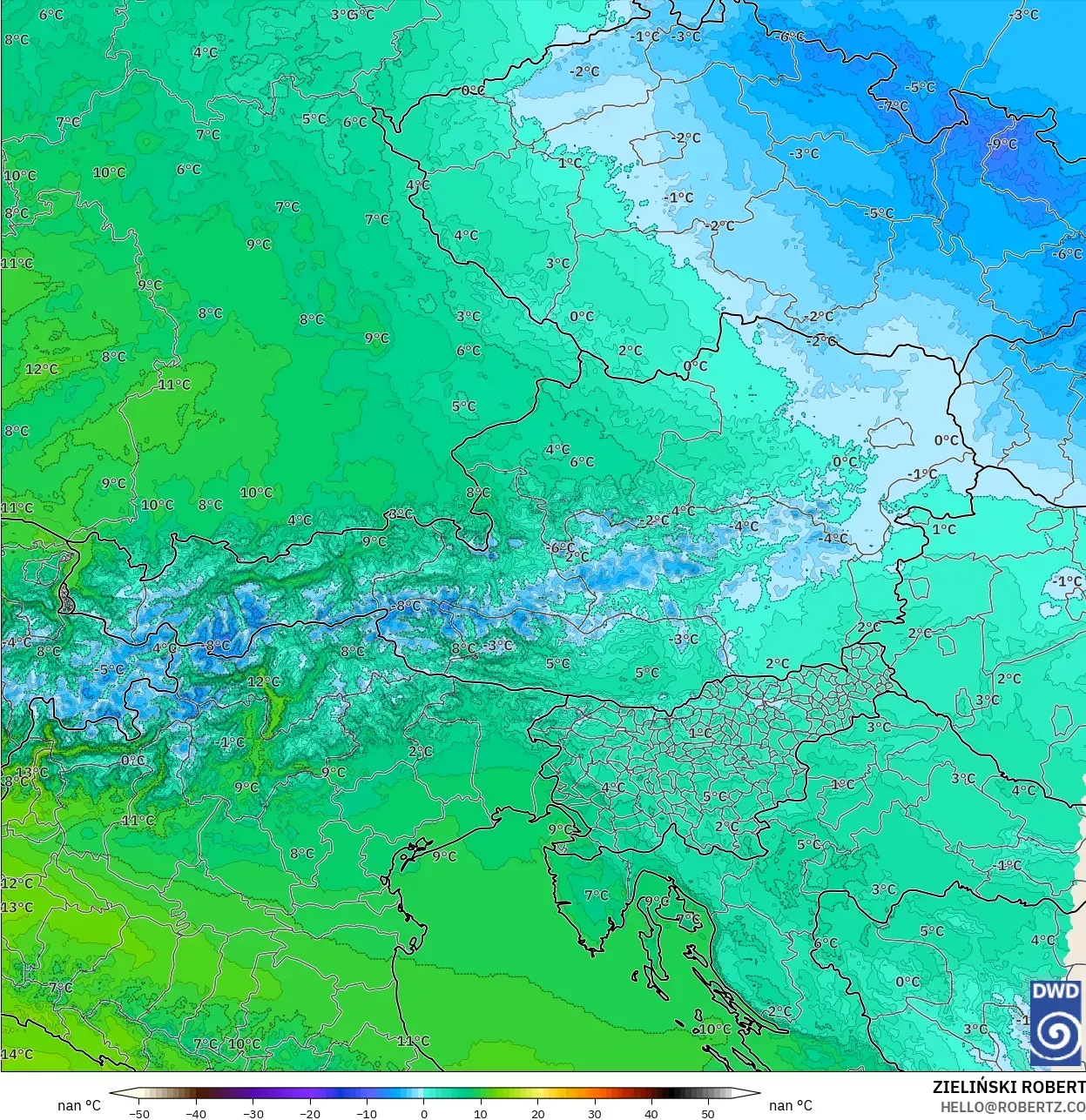 ICON Jerman 2 km model - Austria, Suhu 850 hPa