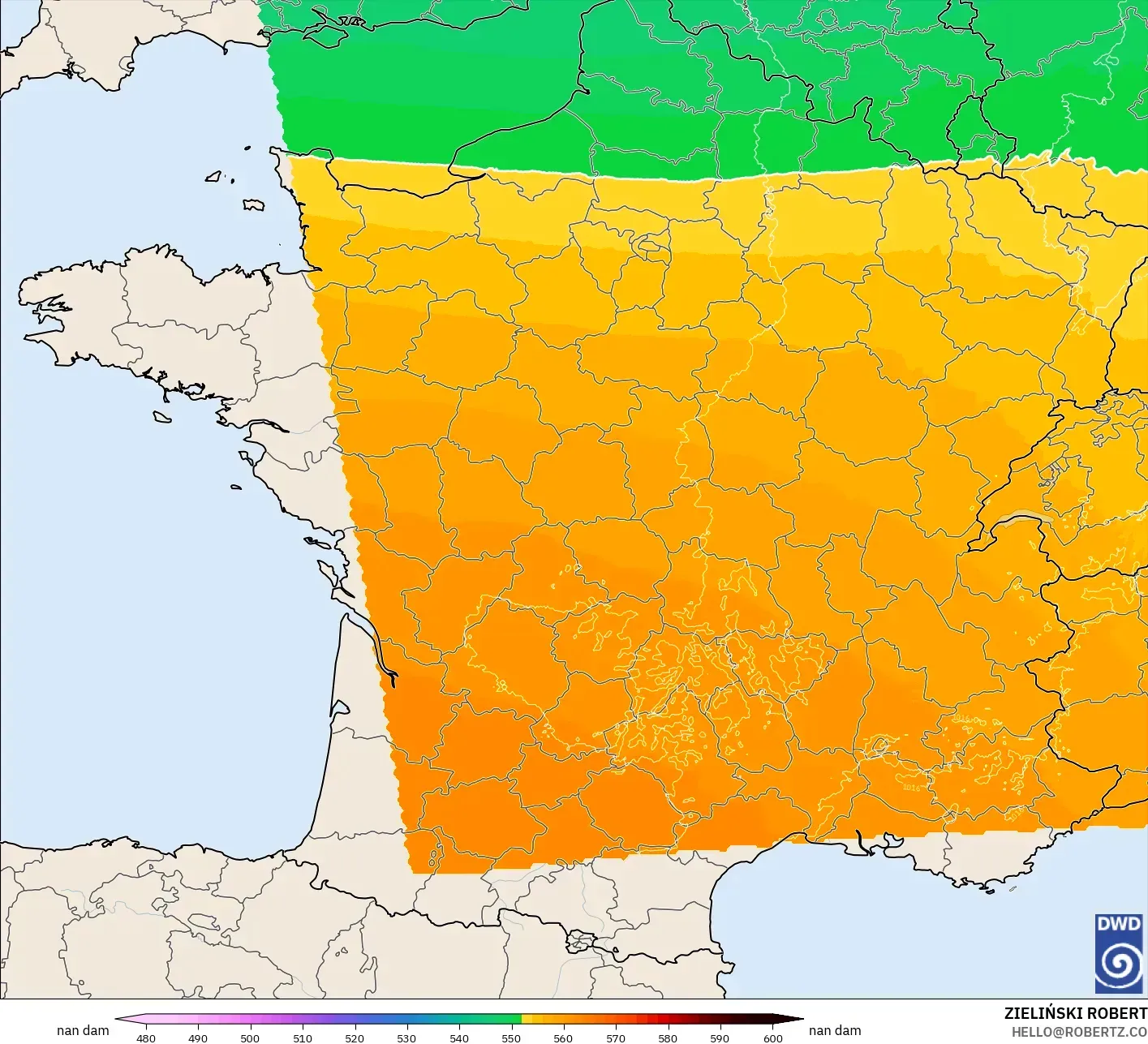 ICON Germany 2 km modelo - France, Geopotential height at 500hPa