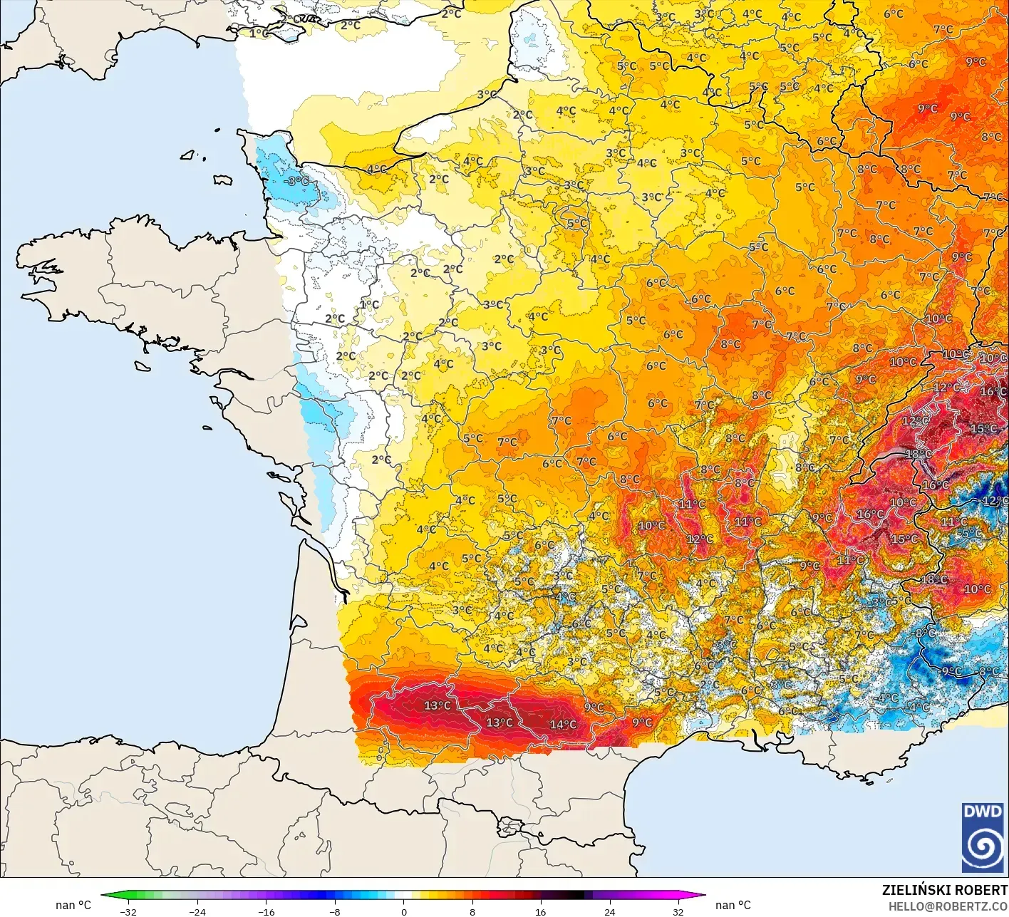 ICON Jerman 2 km model - Perancis, Anomali Suhu 2 m
