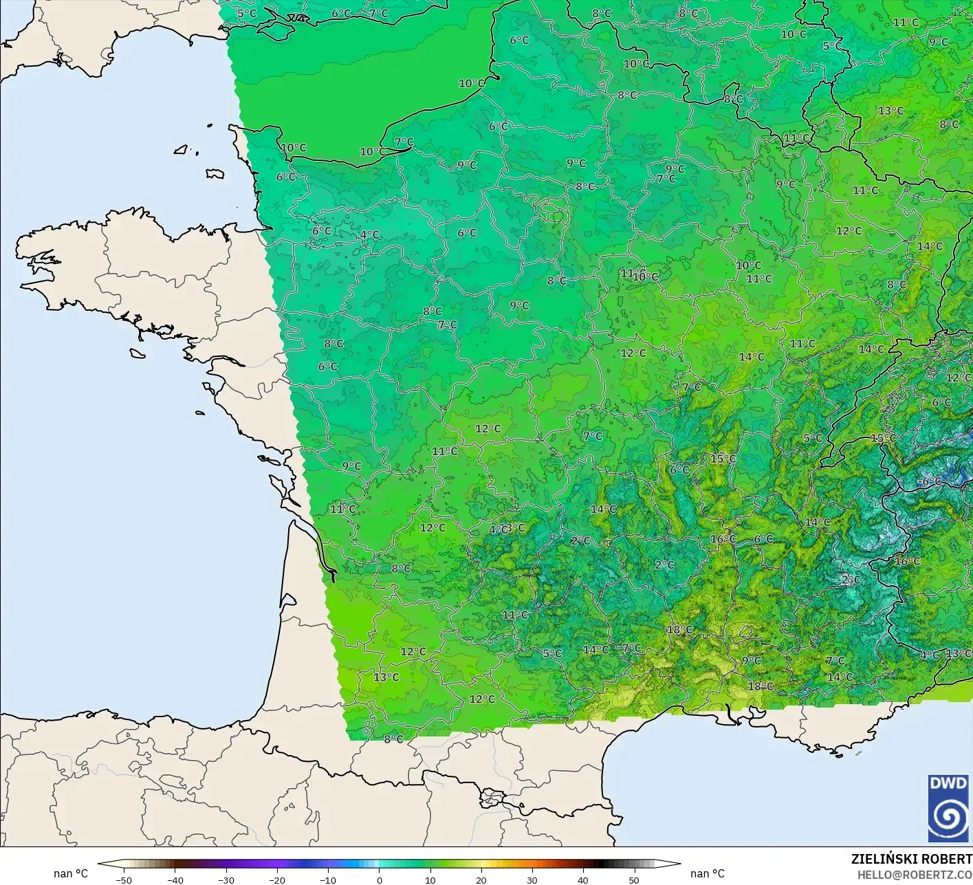 ICON Germany 2 km modelo - France, Temperature at 2m