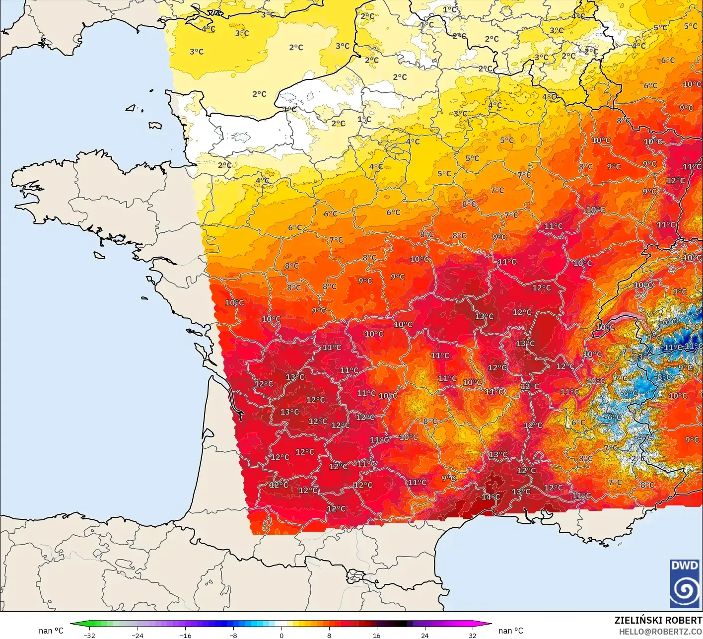 ICON Germany 2 km modelo - France, Temperature at 850hPa Anomaly