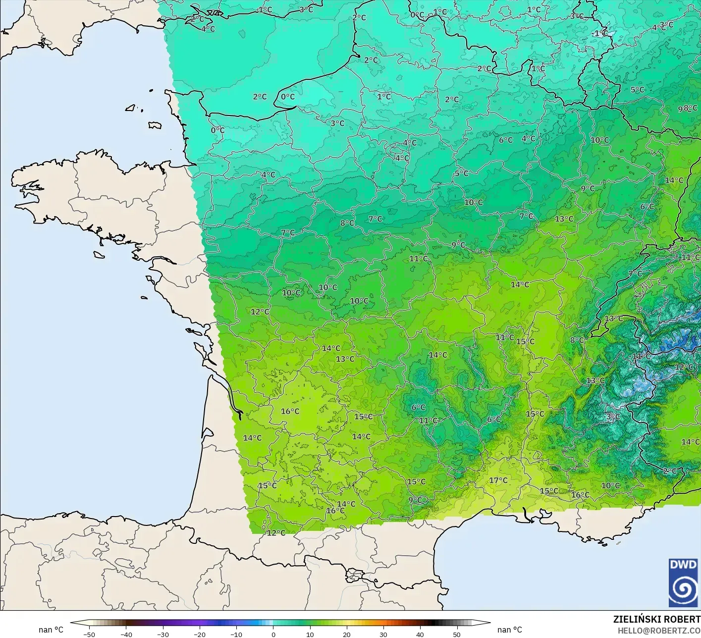 ICON Jerman 2 km model - Perancis, Suhu 850 hPa