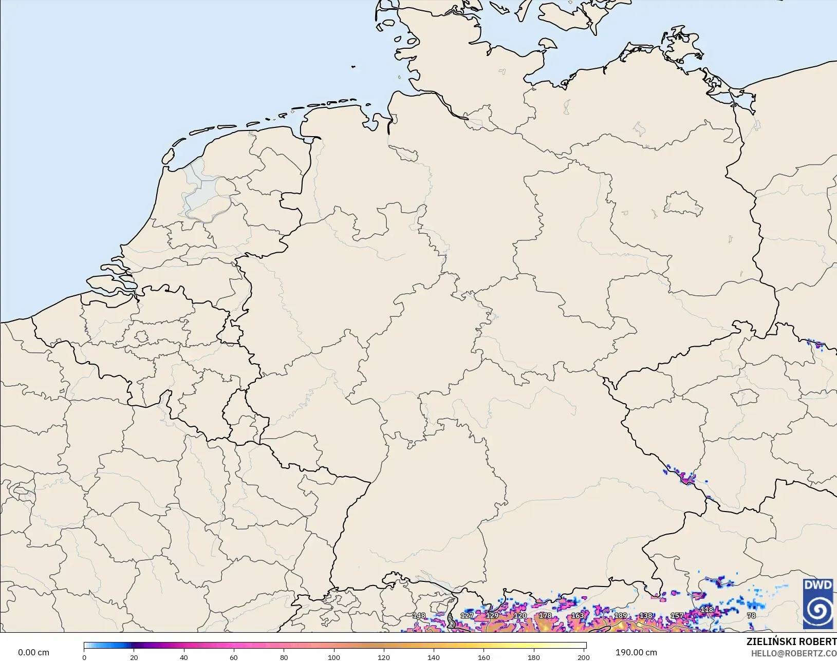 ICON Germany 2 km modelo - Germany, Snow Depth