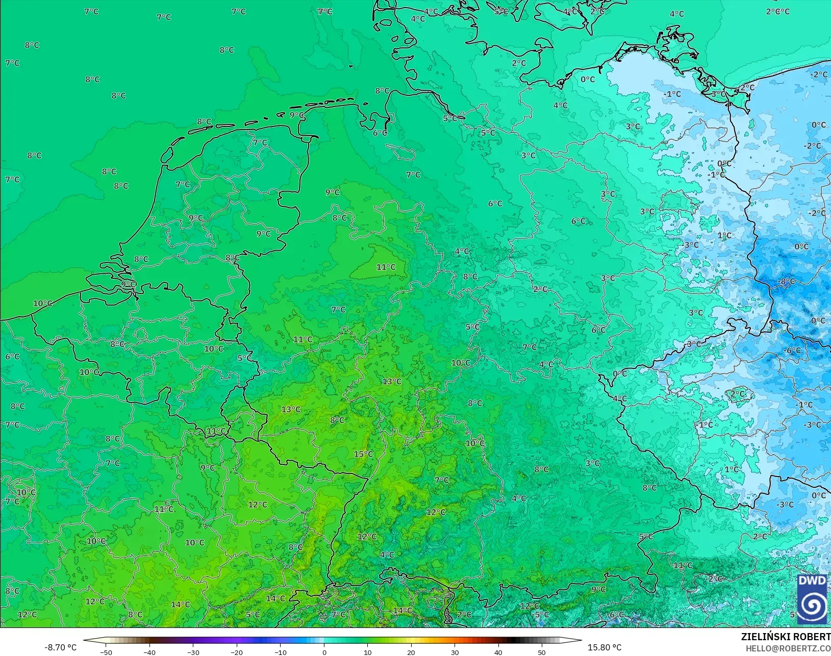 ICON Germany 2 km modelo - Germany, Temperature at 2m