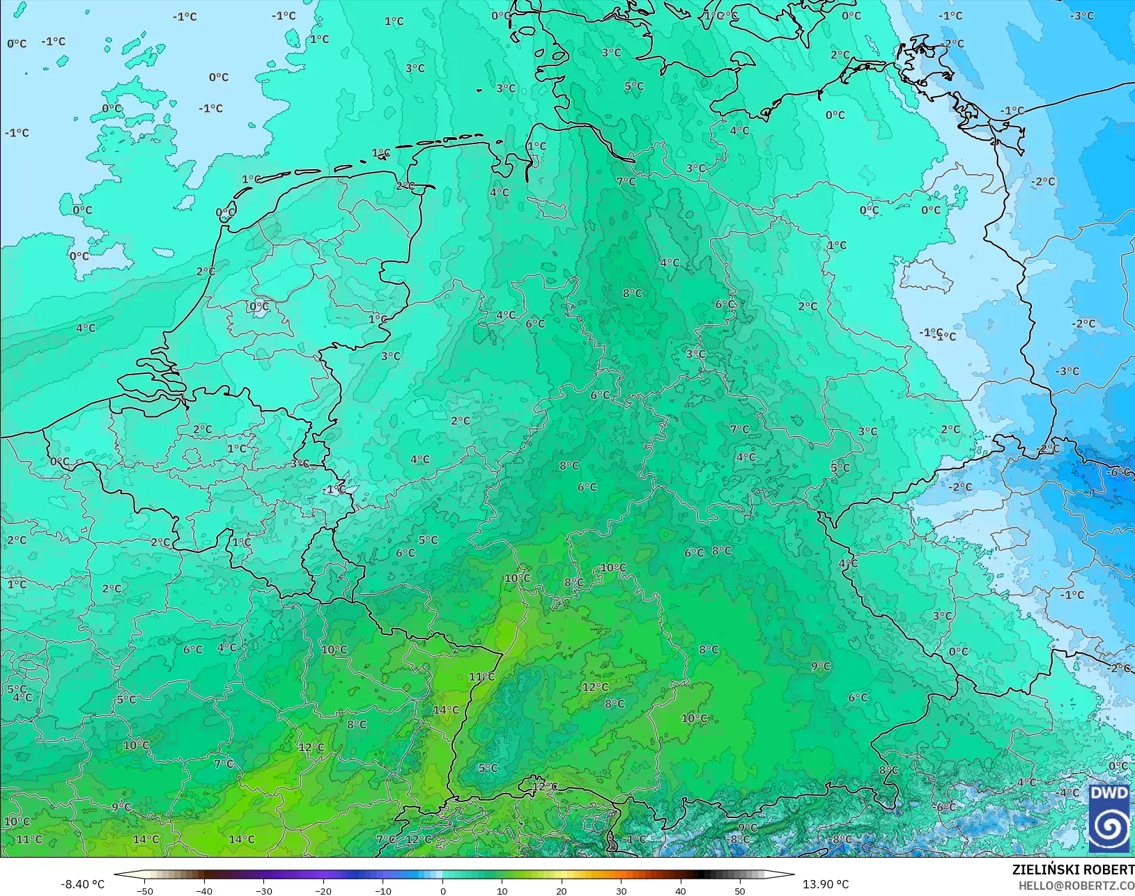 ICON Jerman 2 km model - Jerman, Suhu 850 hPa