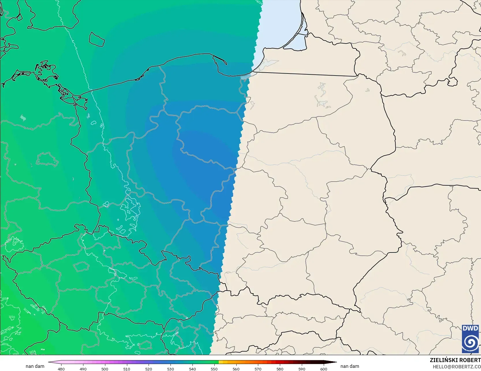 ICON Jerman 2 km model - Poland, Ketinggian geopotensial pada 500 hPa