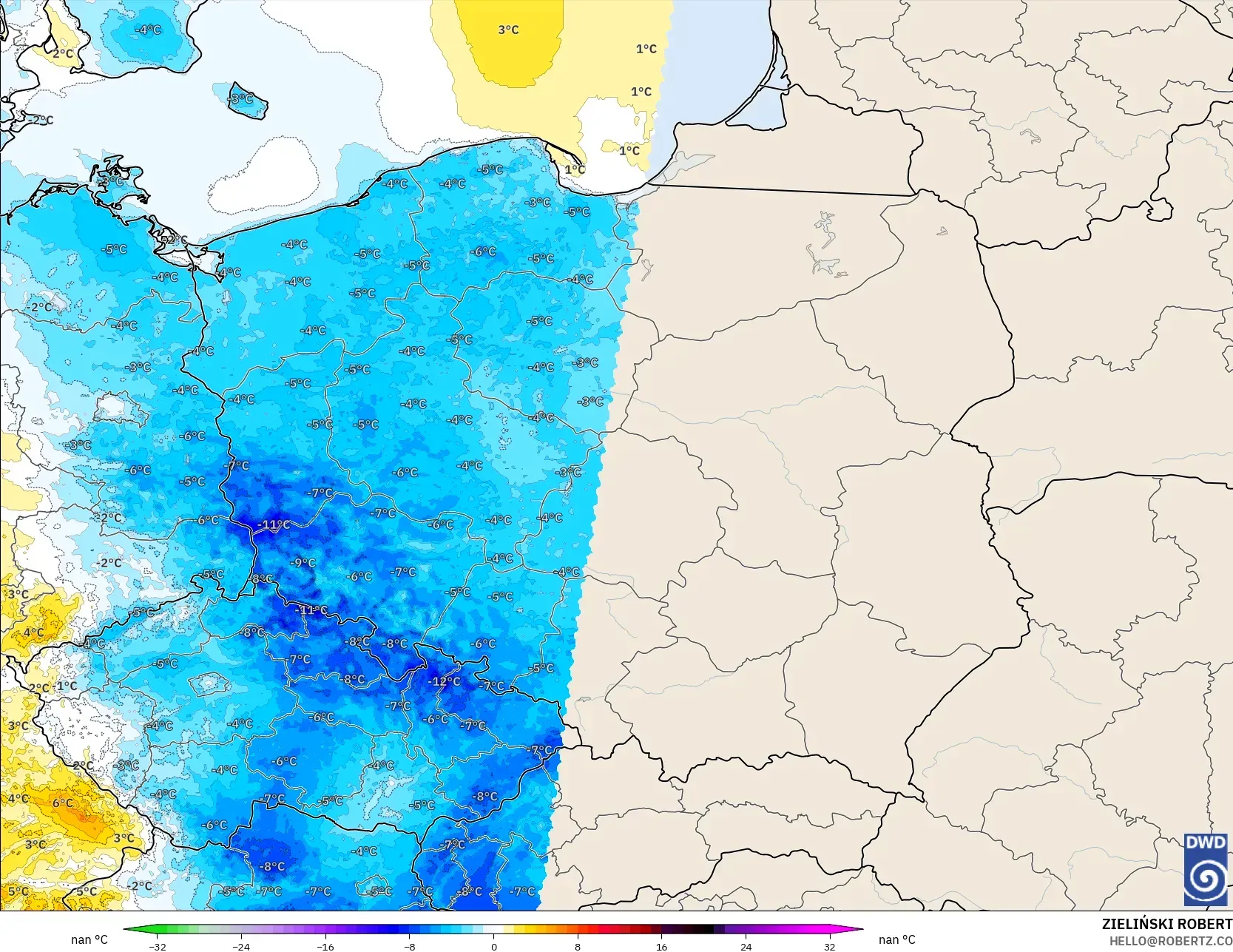 ICON Germany 2 km modelo - Poland, Temperature at 2m Anomaly