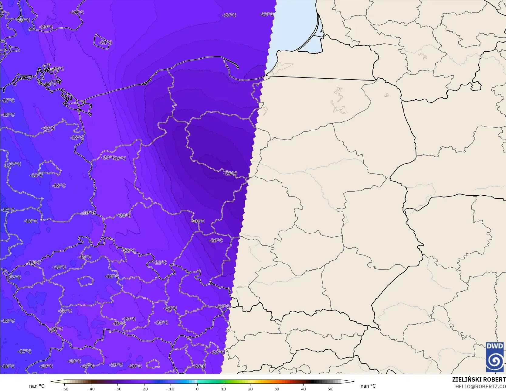 ICON Jerman 2 km model - Poland, Suhu 500 hPa