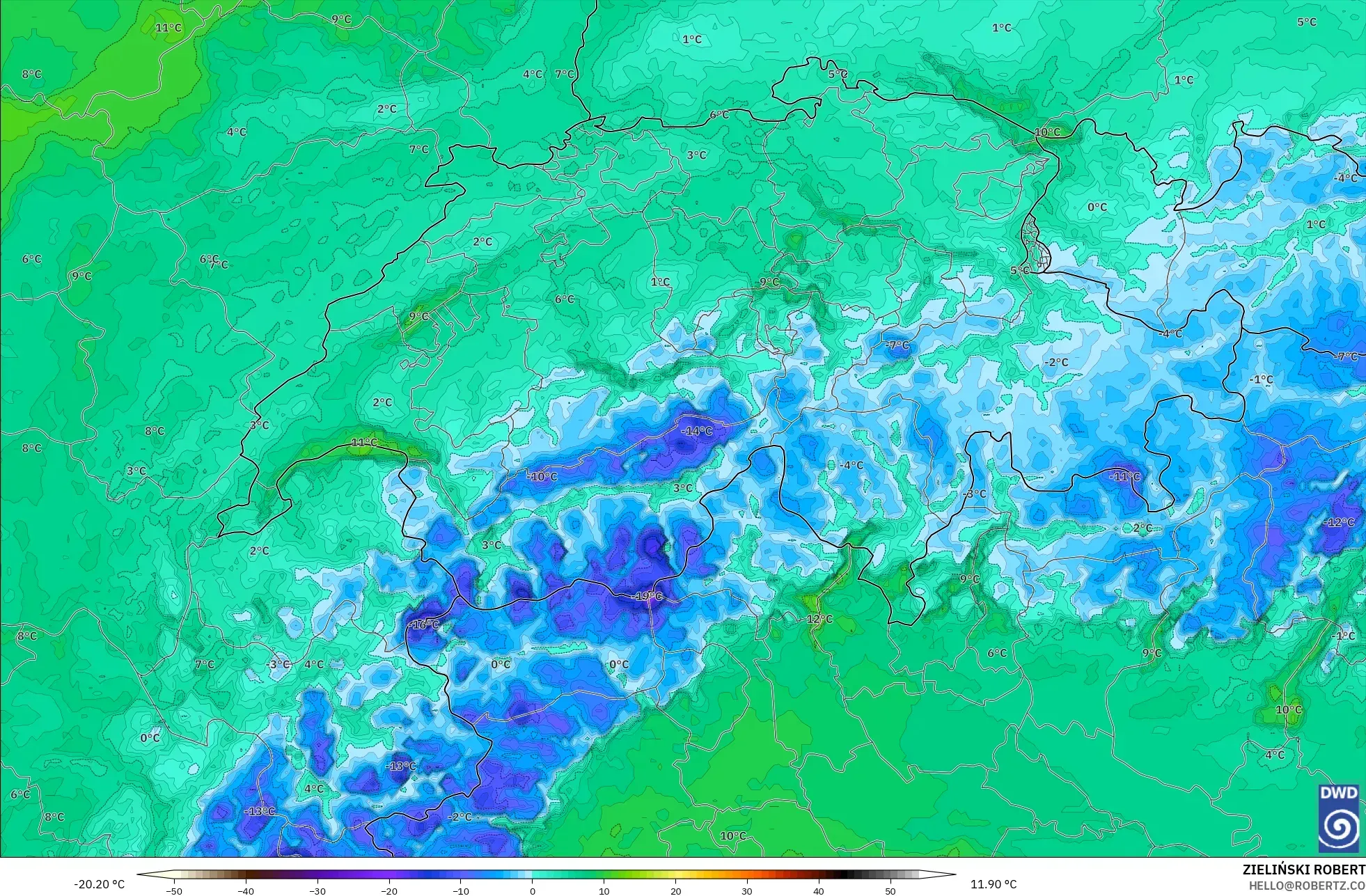 ICON Germany 2 km modelo - Switzerland, Dewpoint at 2m