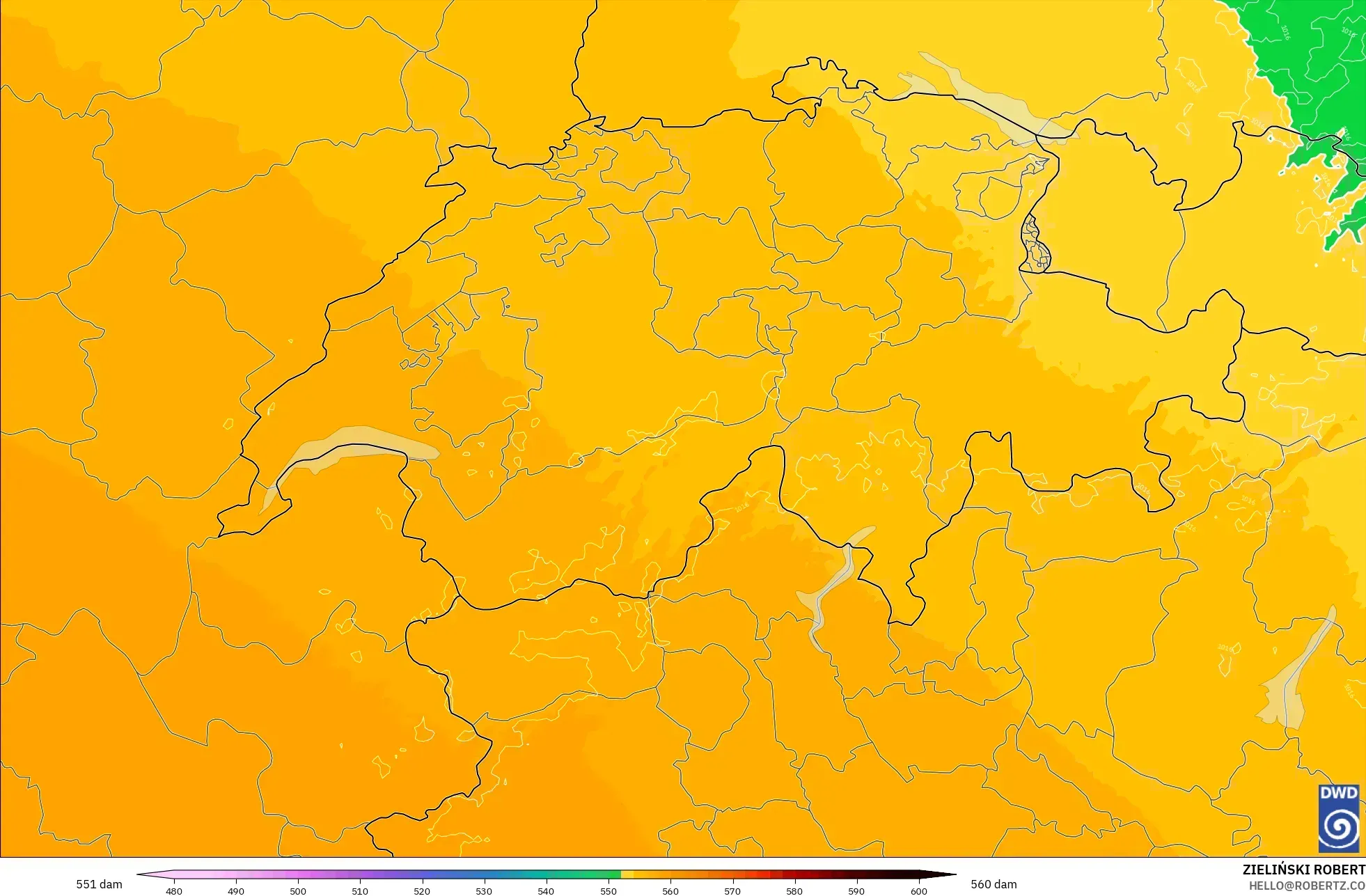 ICON Jerman 2 km model - Switzerland, Ketinggian geopotensial pada 500 hPa