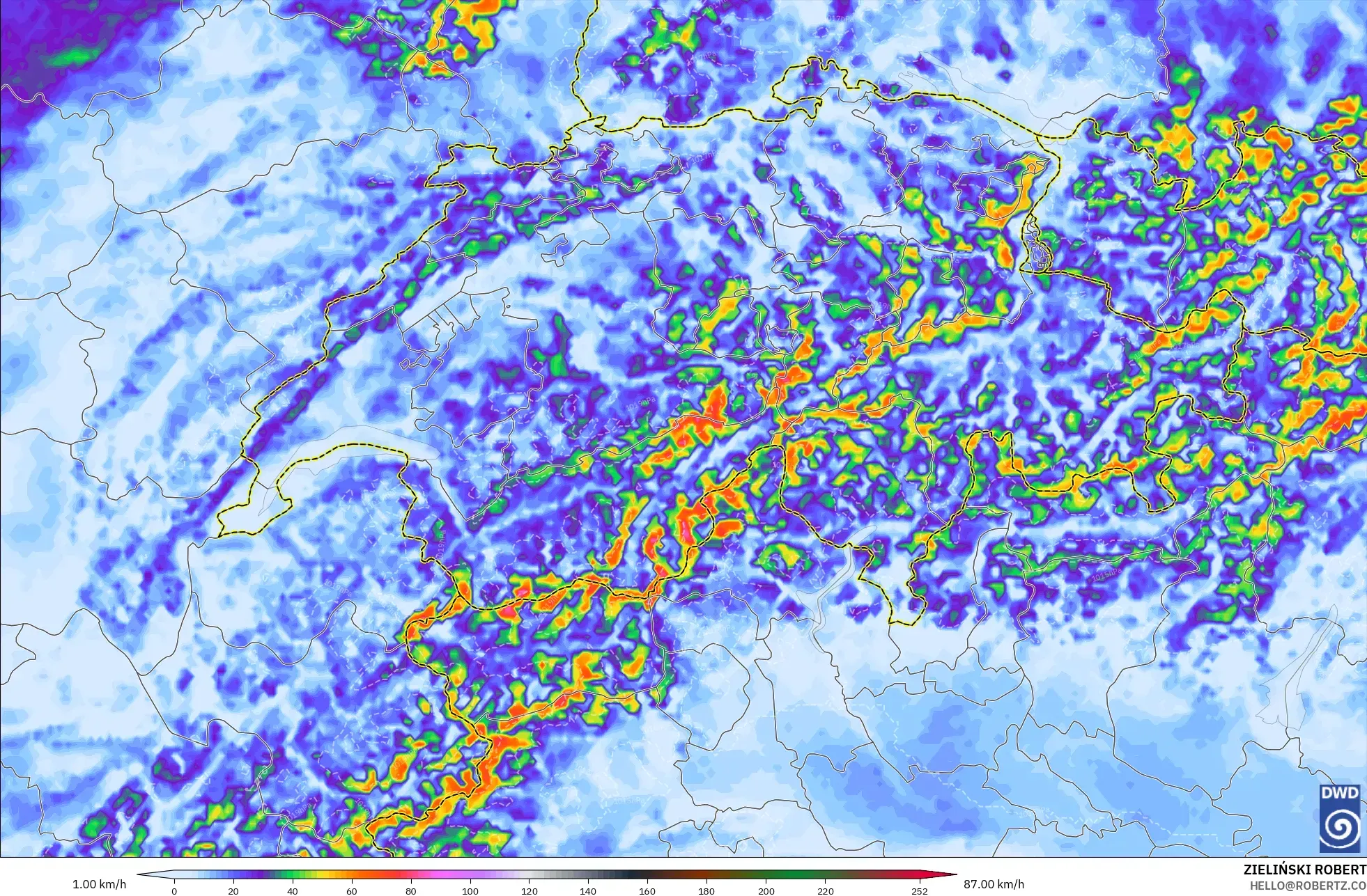ICON Jerman 2 km model - Switzerland, Hembusan Tertinggi