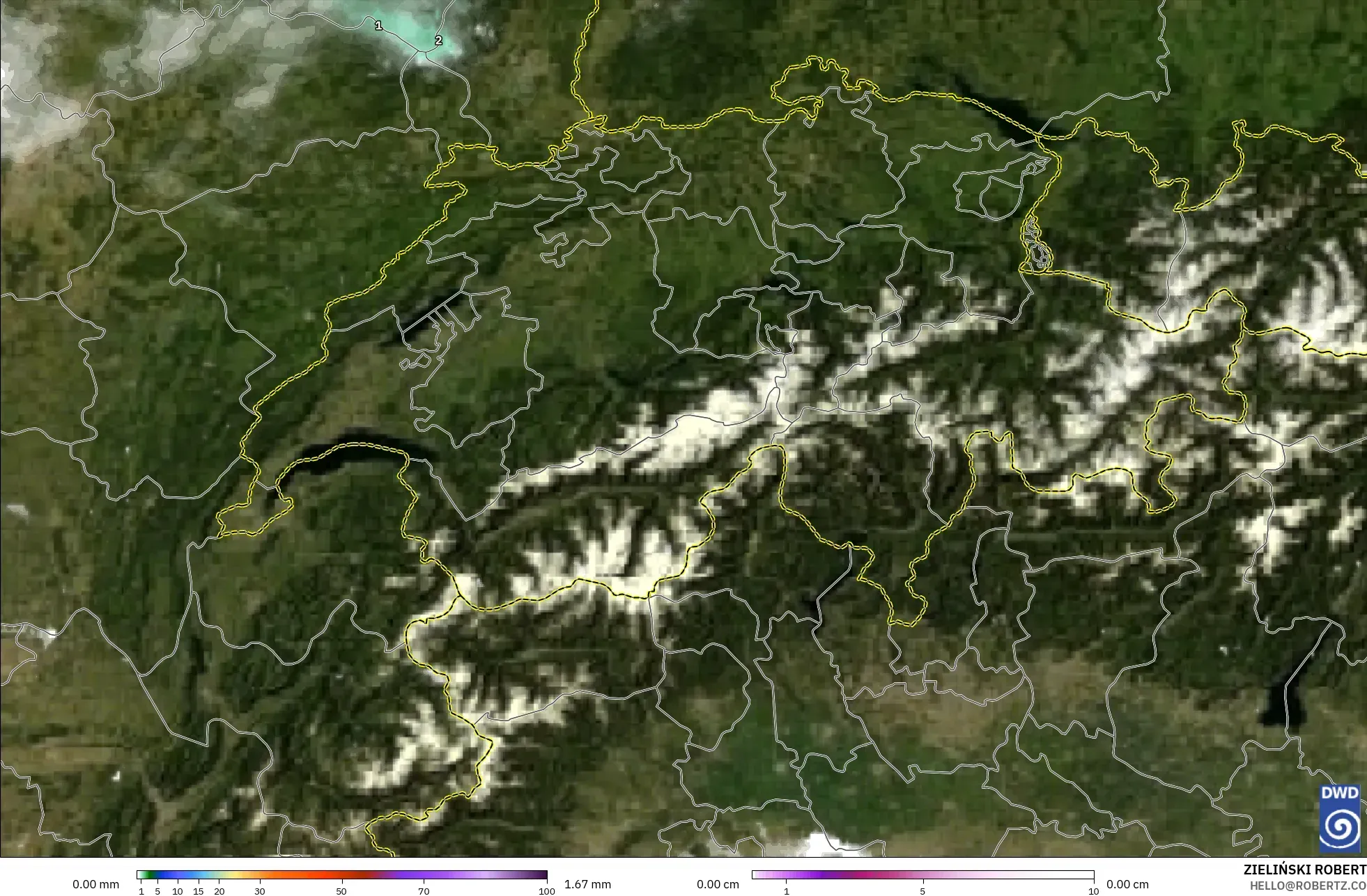 ICON Jerman 2 km model - Switzerland, Hujan, Awan dan Tekanan