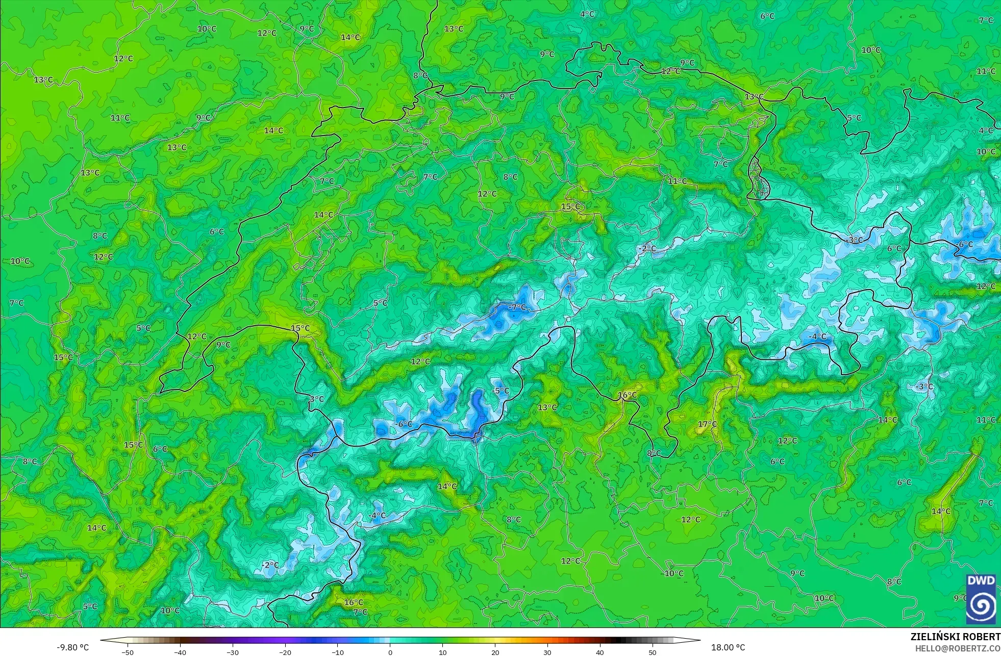 ICON Jerman 2 km model - Switzerland, Suhu pada 2 m