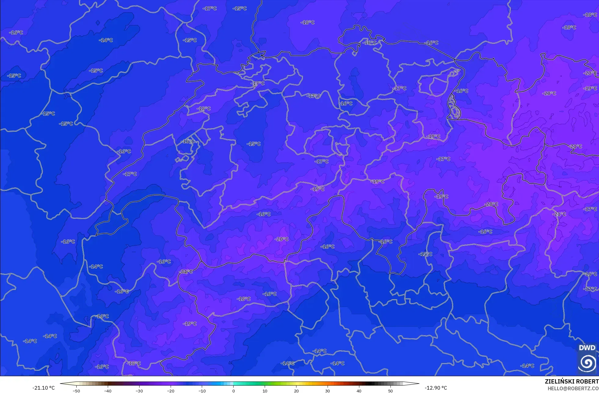 ICON Germany 2 km modelo - Switzerland, Temperature at 500hPa