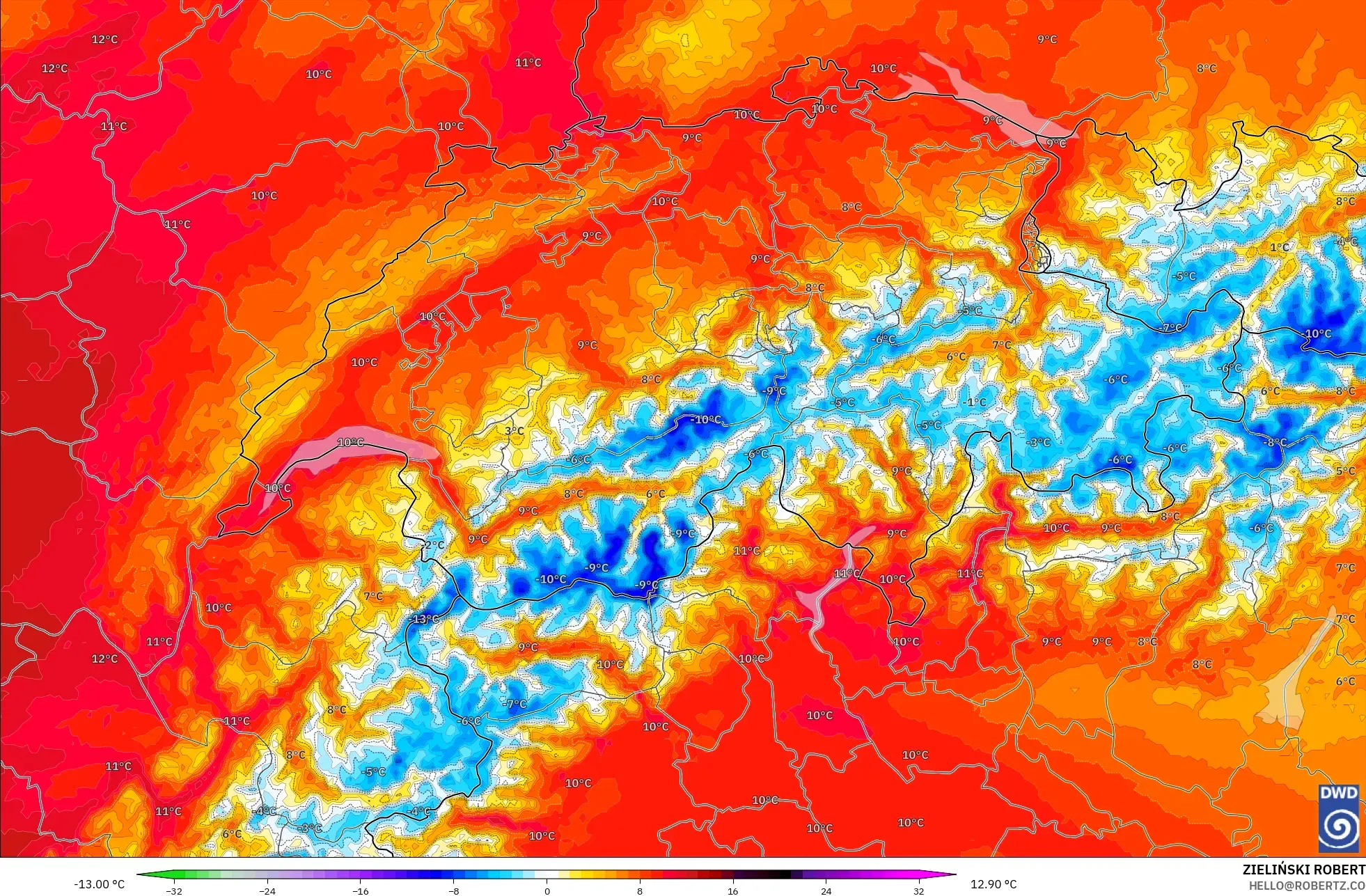 ICON Jerman 2 km model - Switzerland, Anomali Suhu 850 hPa