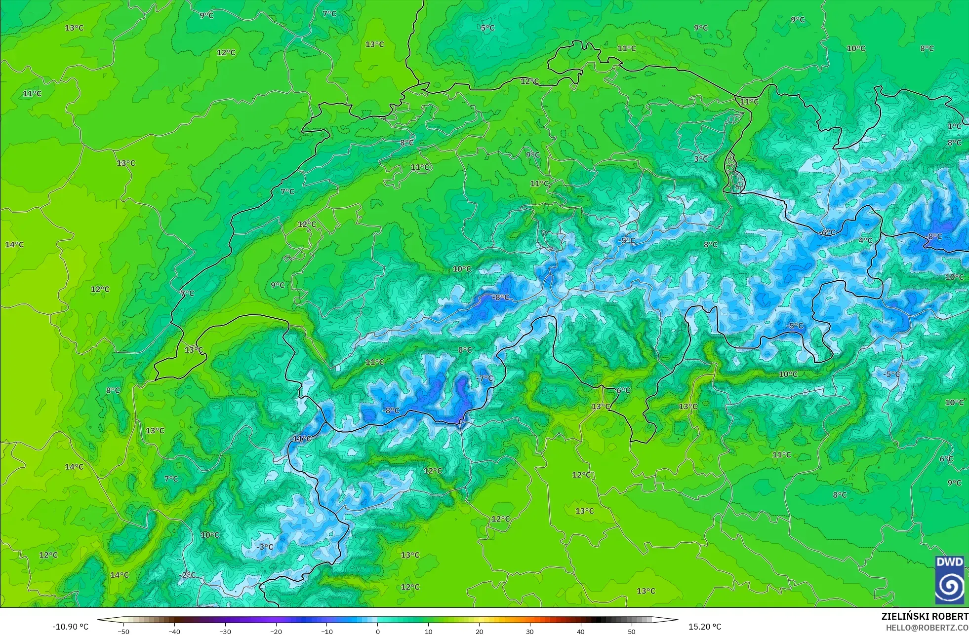 ICON Germany 2 km modelo - Switzerland, Temperature at 850hPa