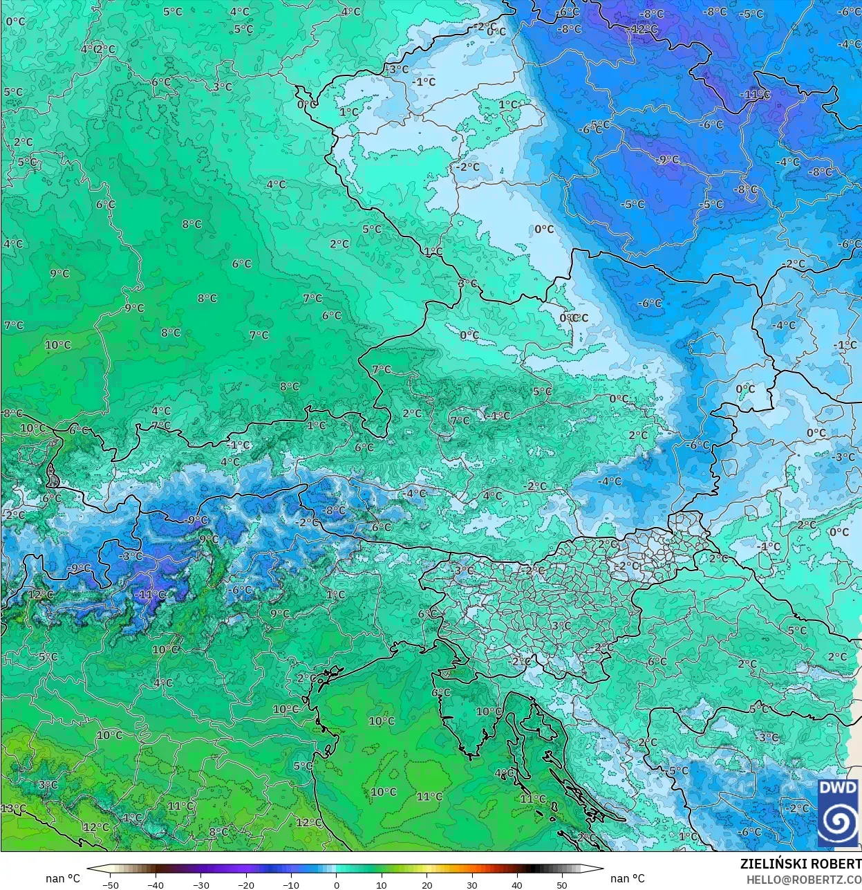 ICON Germany 2 km model - Austria, Dewpoint at 2m