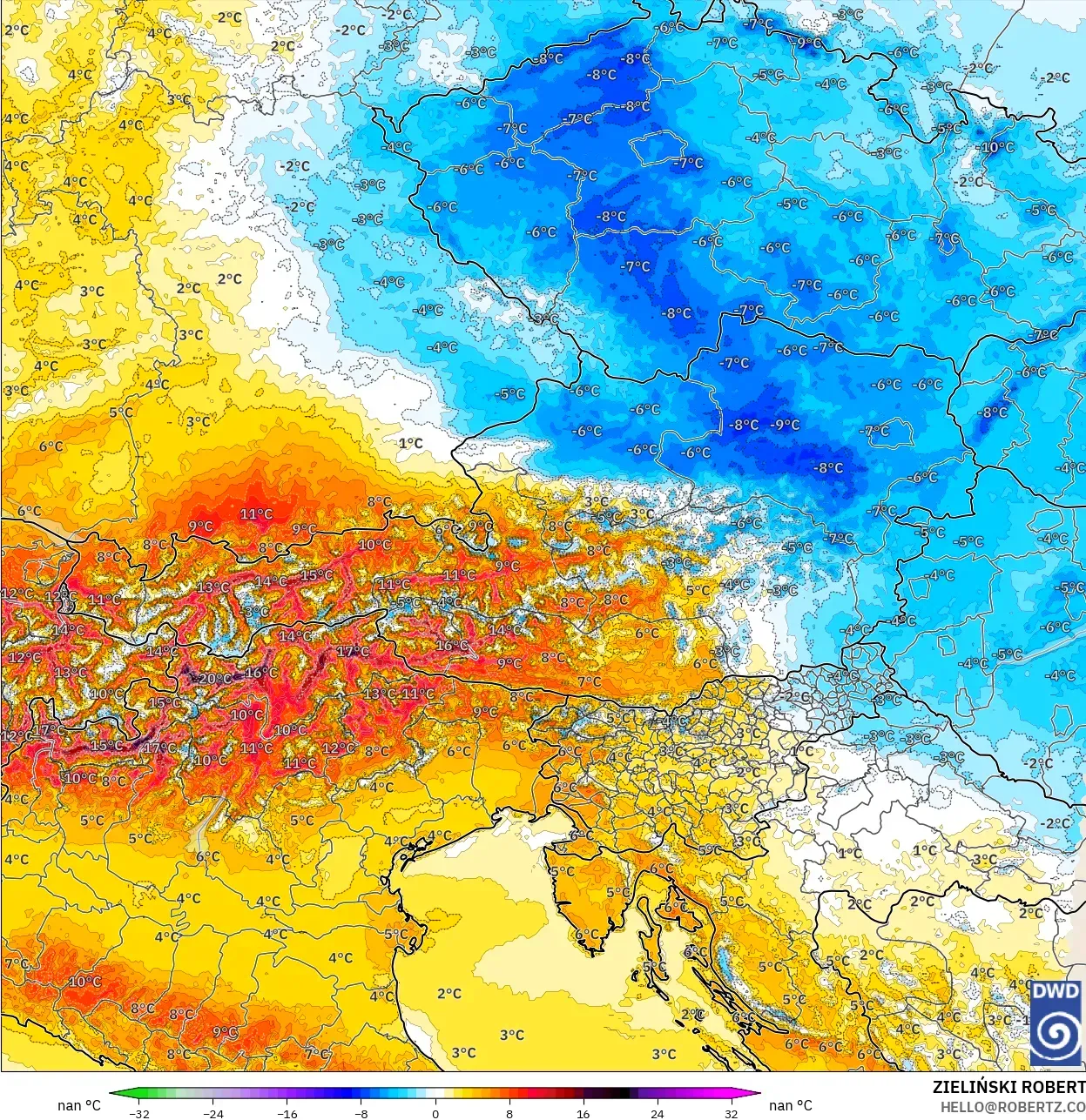 ICON Germany 2 km model - Austria, Temperature at 2m Anomaly