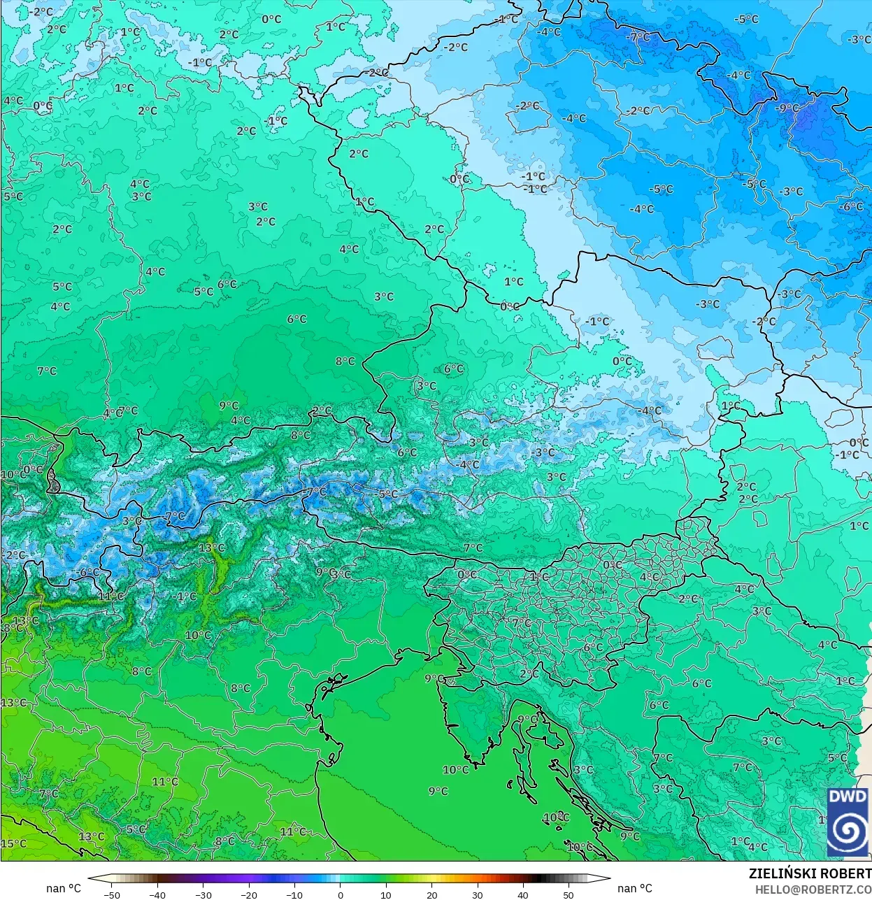 ICON Germany 2 km model - Austria, Temperature at 850hPa