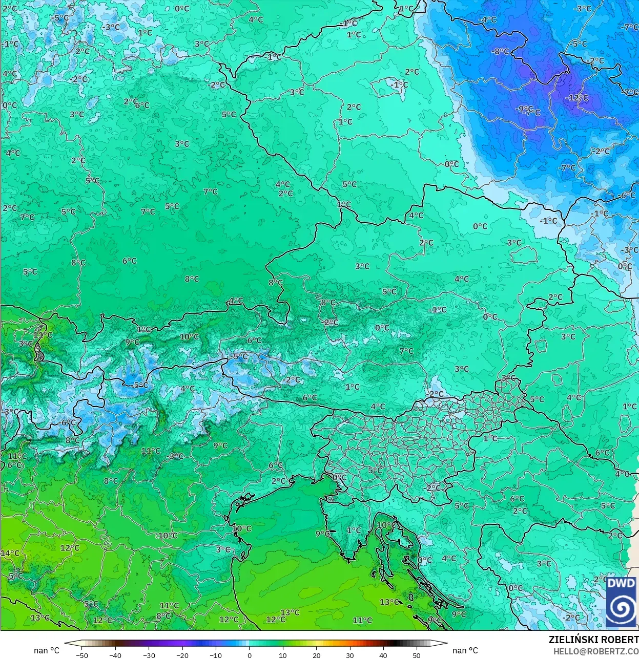 ICON Germany 2 km model - Austria, Dewpoint at 2m