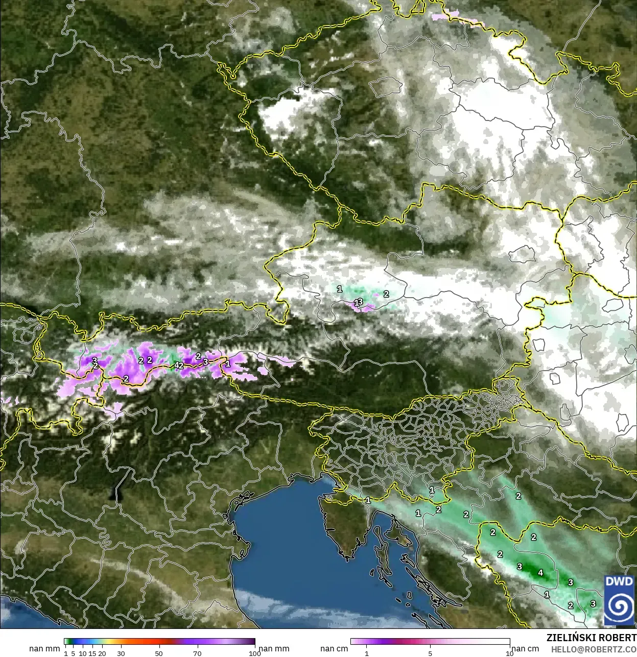 ICON Germany 2 km model - Austria, Precipitation, Clouds, and Pressure