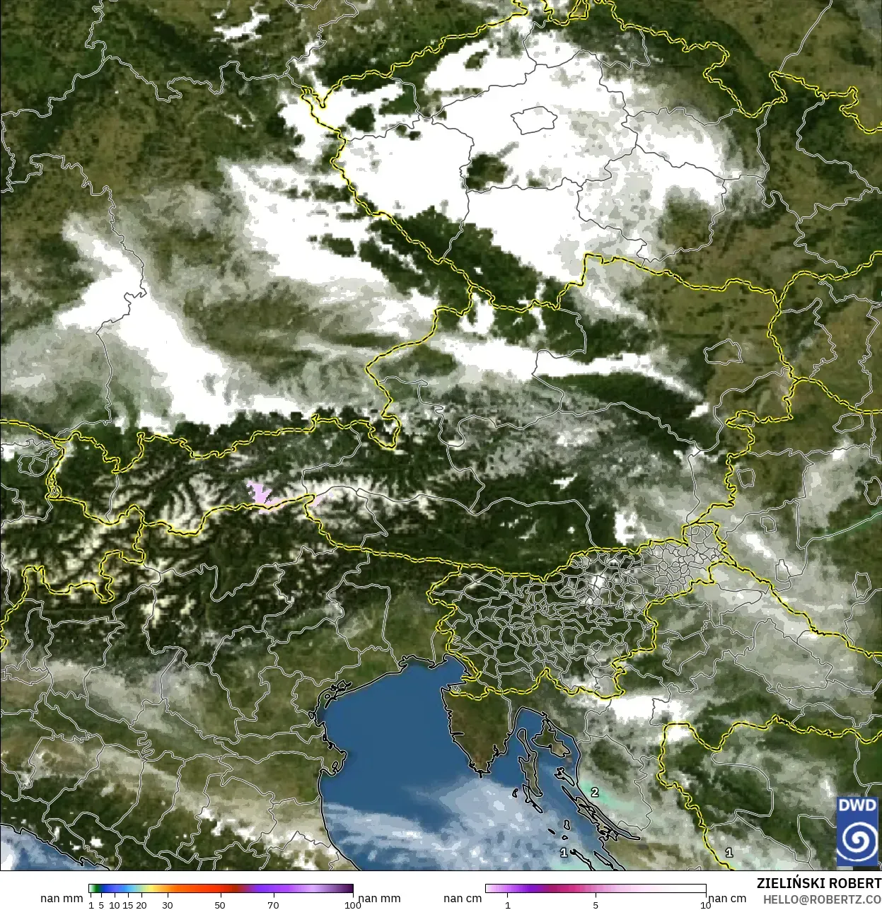 ICON Germany 2 km model - Austria, Precipitation, Clouds, and Pressure