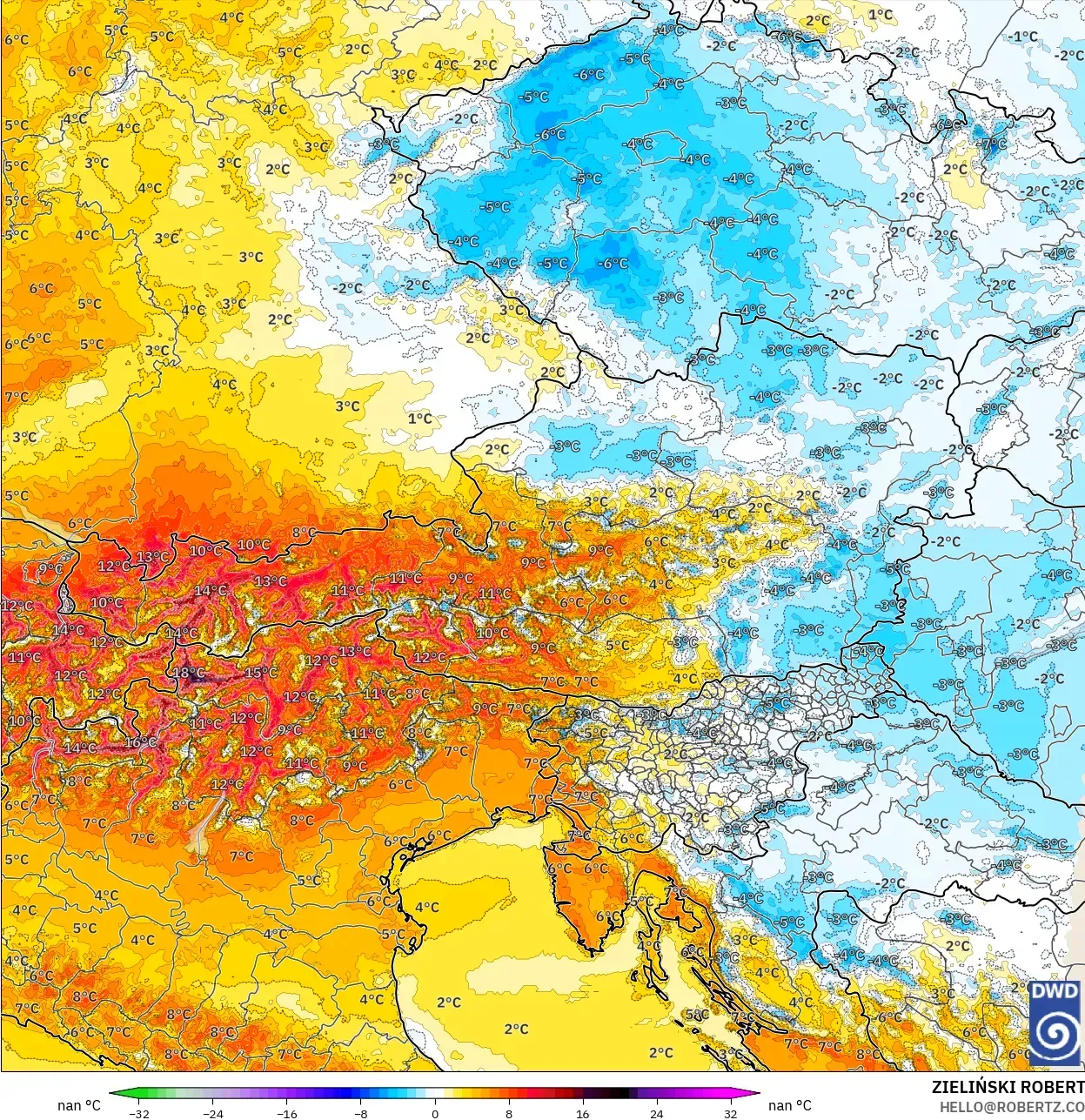ICON Germany 2 km model - Austria, Temperature at 2m Anomaly
