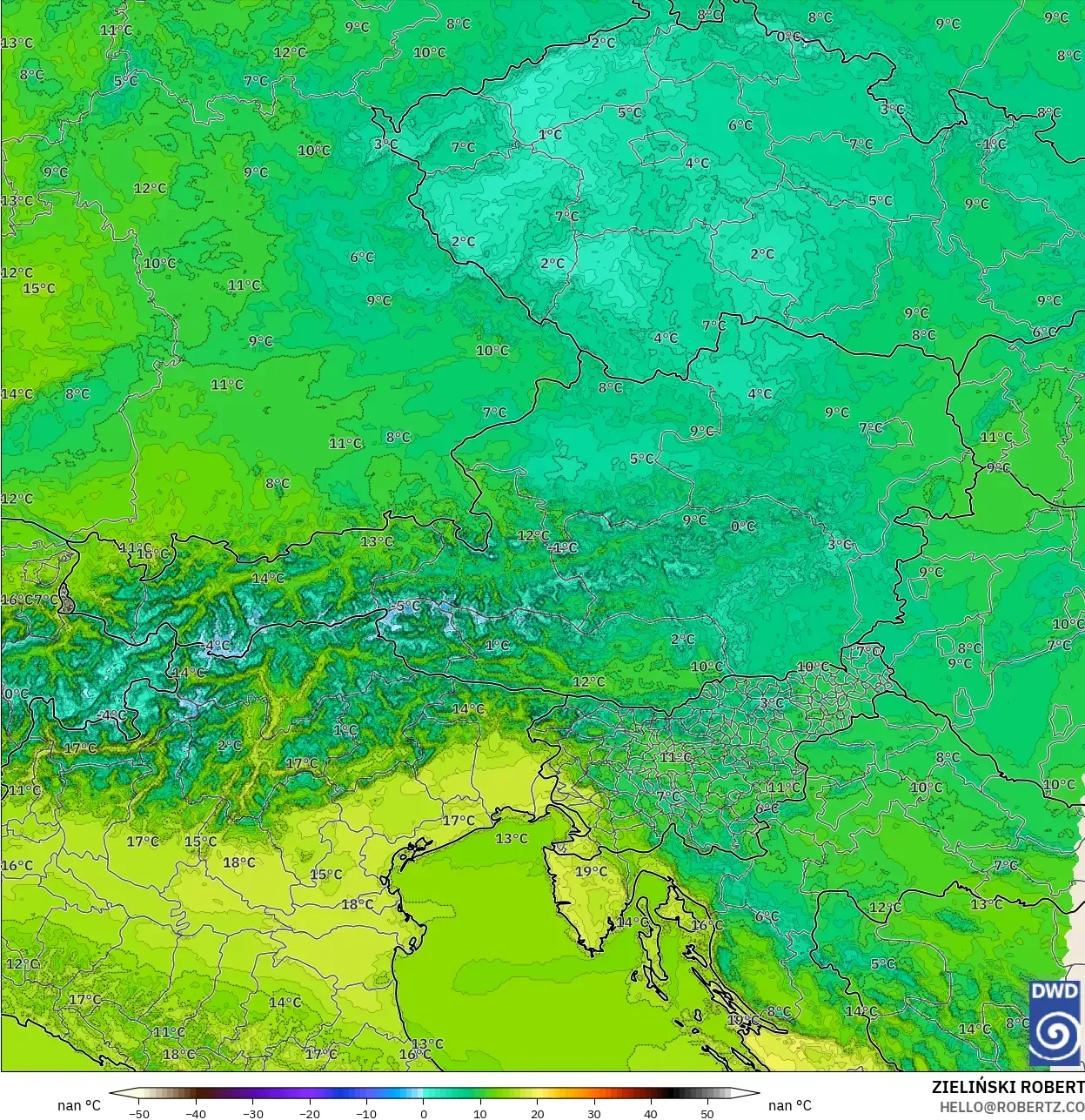 ICON Germany 2 km model - Austria, Temperature at 2m