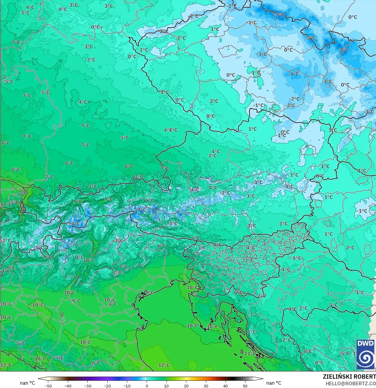 ICON Germany 2 km model - Austria, Temperature at 850hPa