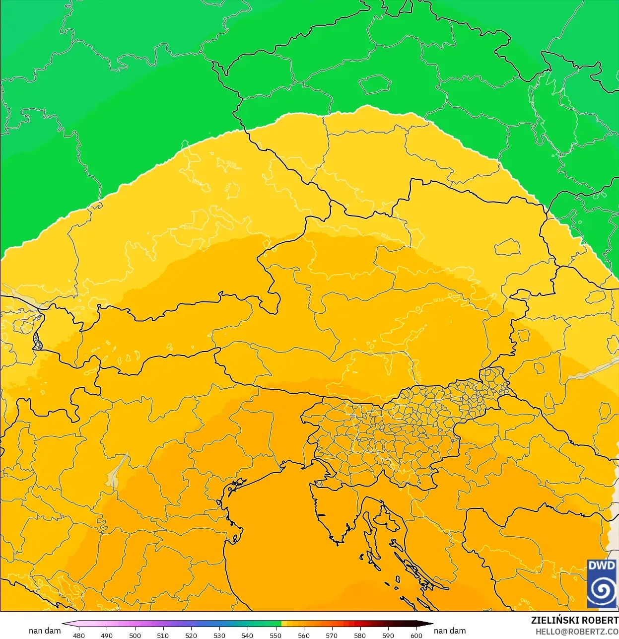 ICON Alemania 2 km model - Austria, Ketinggian geopotensial pada 500 hPa