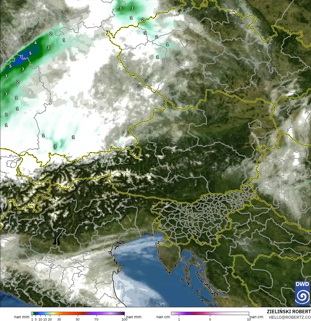 ICON Alemania 2 km model - Austria, Curah Hujan, Awan, dan Tekanan
