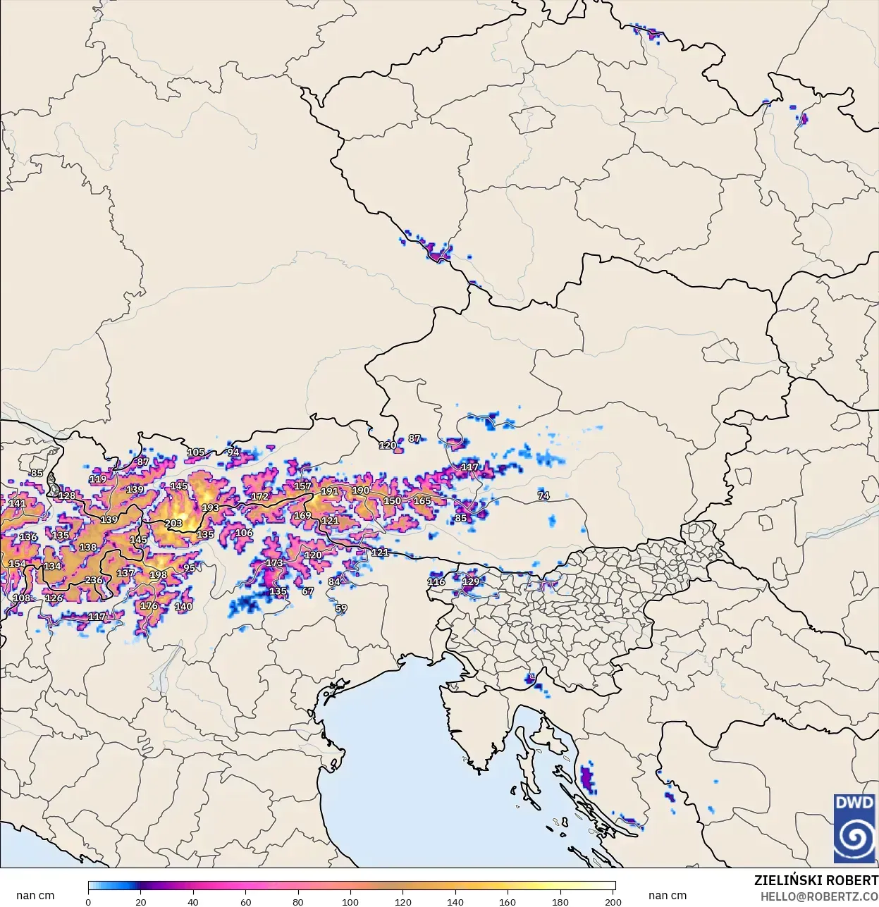 ICON Alemania 2 km model - Austria, Kedalaman Salju