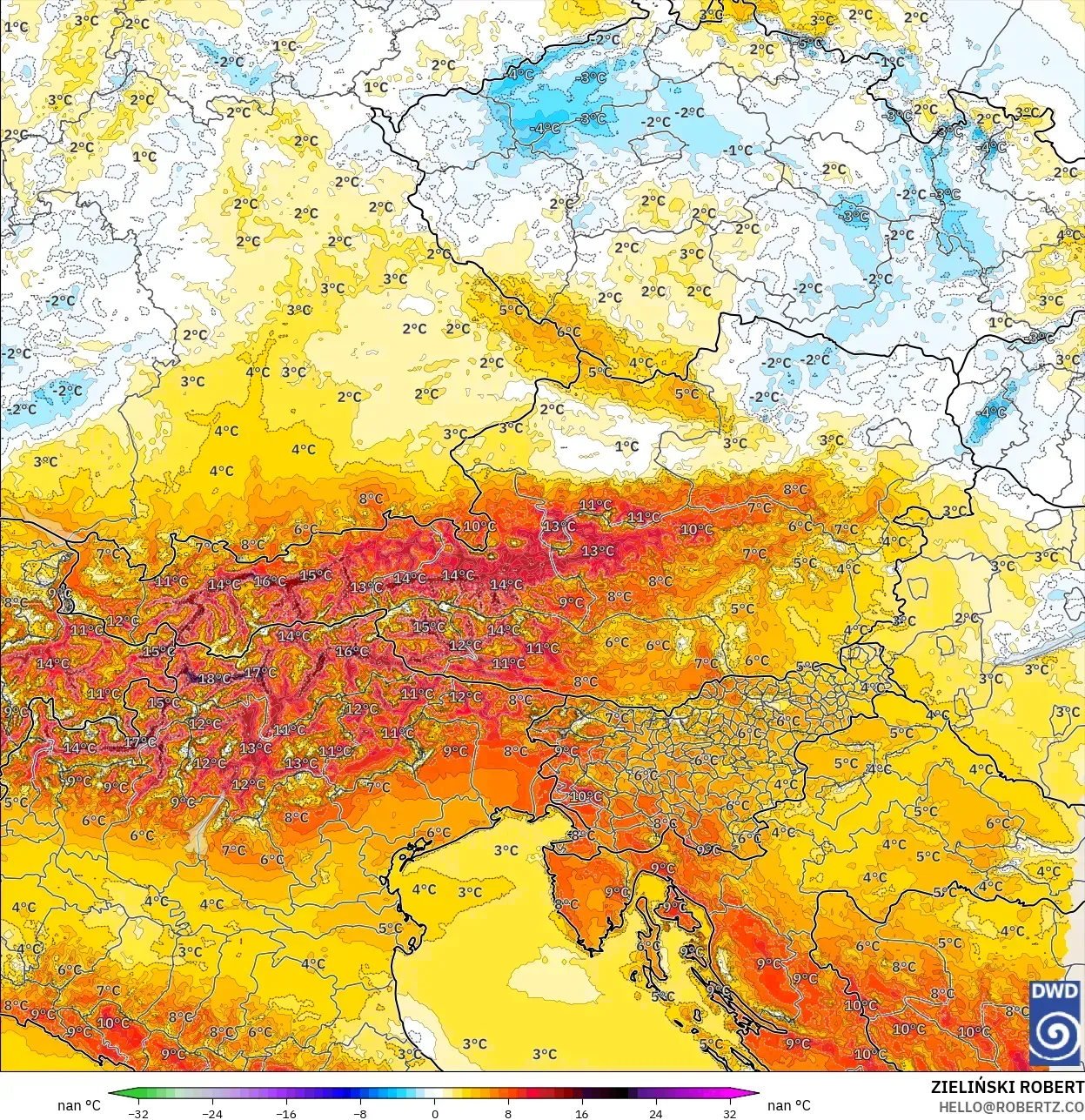 ICON Alemania 2 km model - Austria, Anomali Suhu 2 m