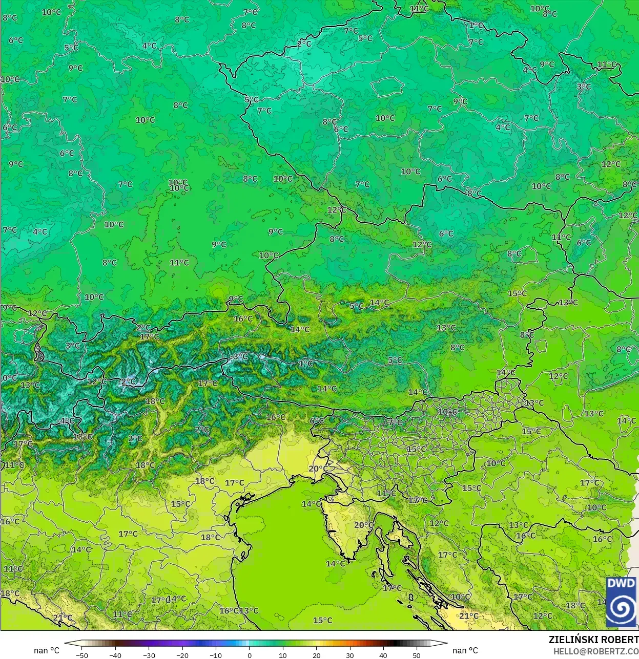 ICON Alemania 2 km model - Austria, Suhu 2 m