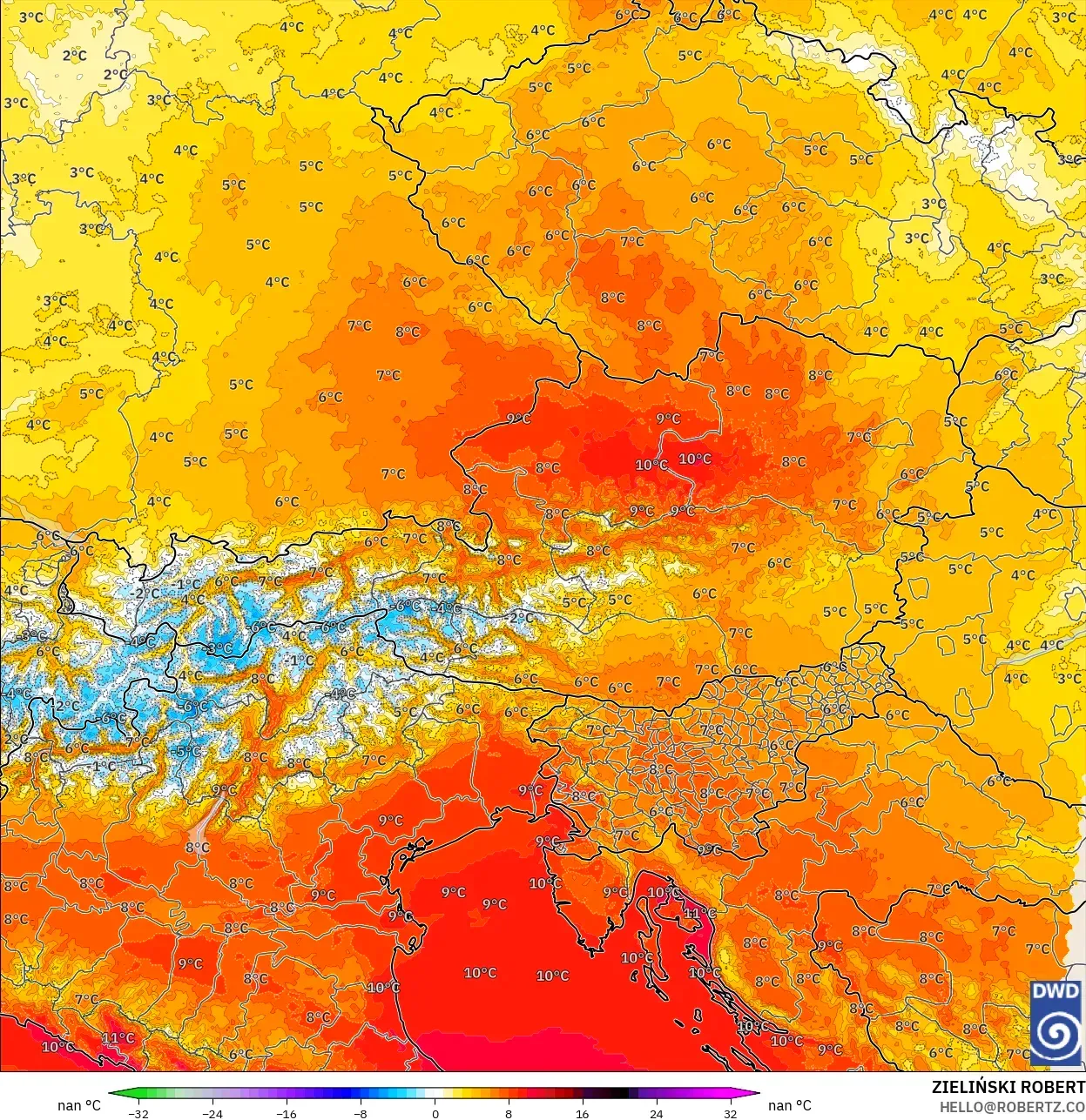 ICON Alemania 2 km model - Austria, Anomali Suhu 850 hPa