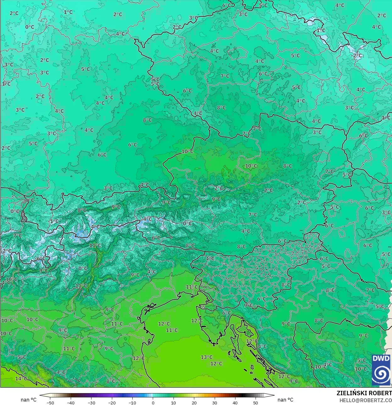 ICON Alemania 2 km model - Austria, Suhu 850 hPa