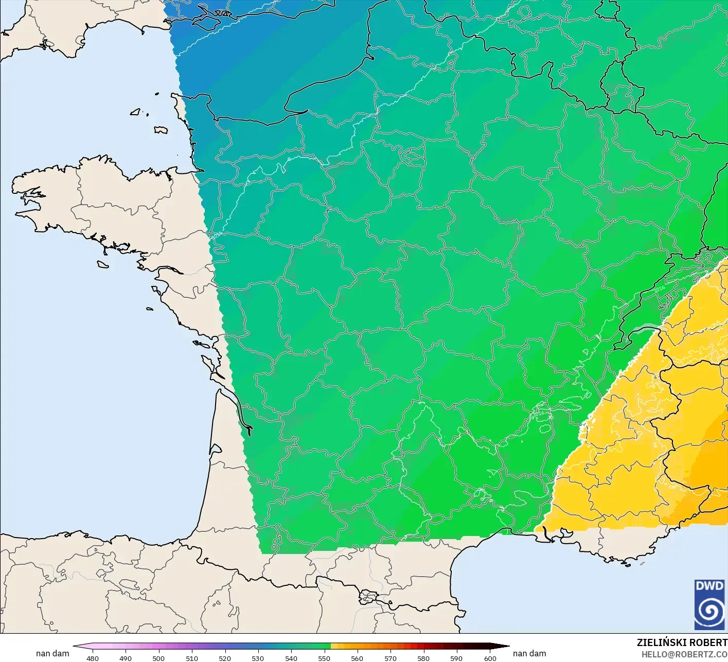 ICON Alemania 2 km model - Prancis, Ketinggian geopotensial pada 500 hPa