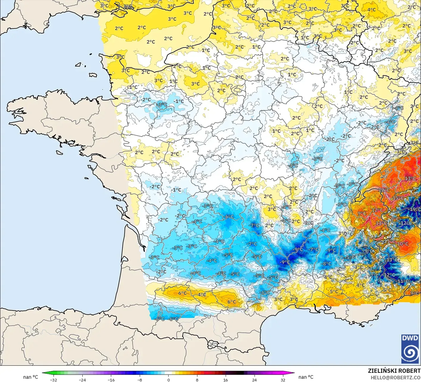 ICON Alemania 2 km model - Prancis, Anomali Suhu 2 m